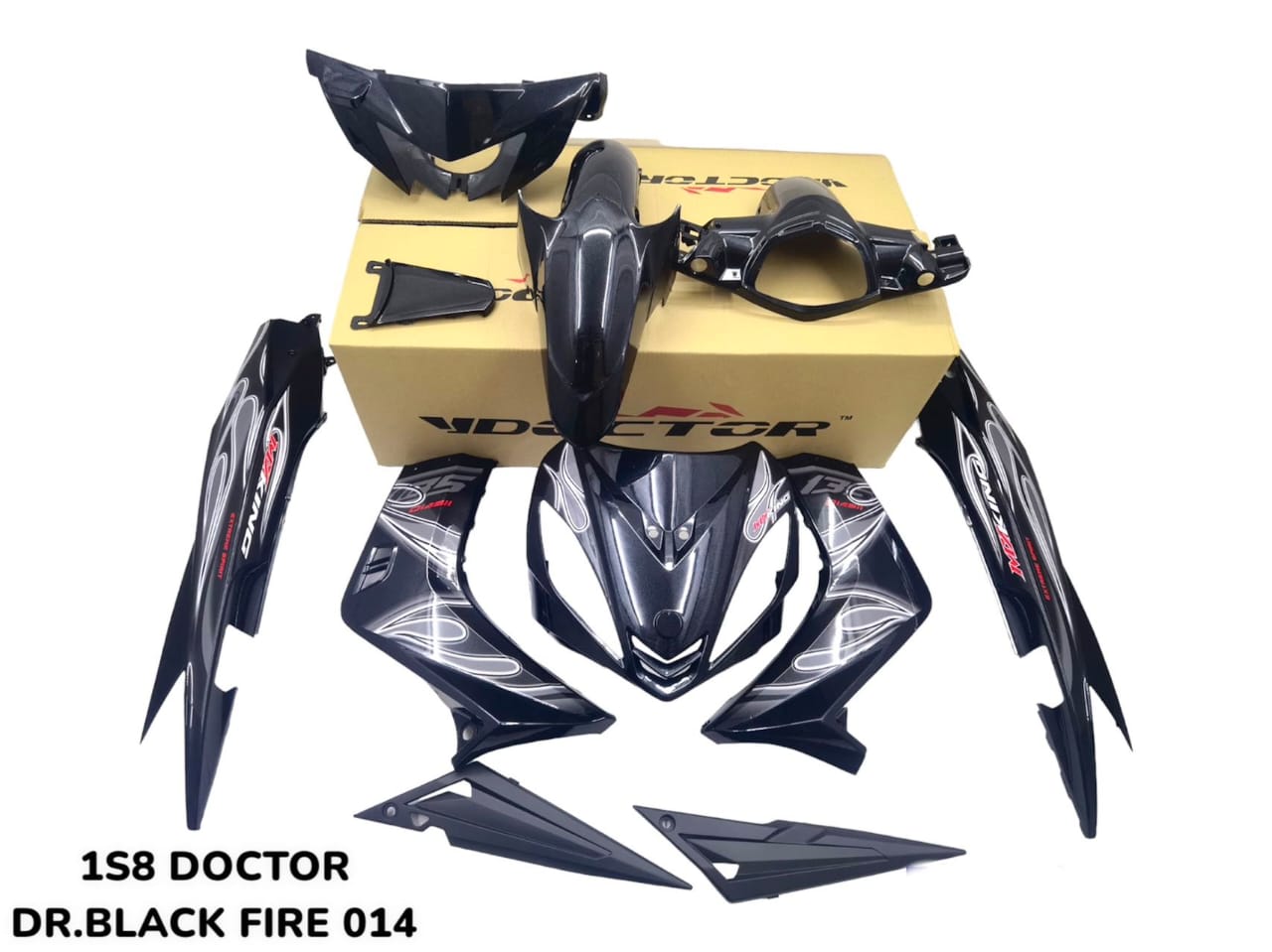 COVERSET BODYSET YAMAHA LC LC135 V1 DOCTOR MX KING FIRE BLACK HITAM KILAT STRIPE TANAM CODE 014 DOCTOR EDITION OEM