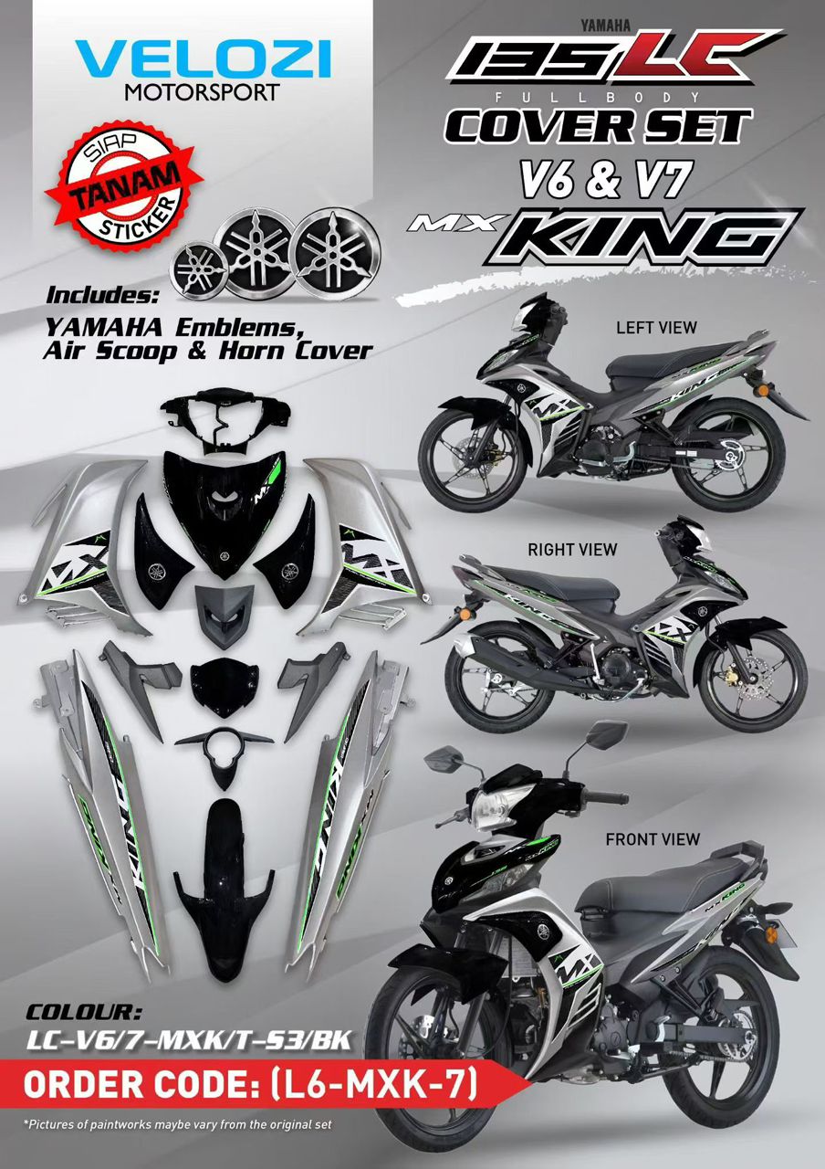 COVERSET BODYSET YAMAHA LC LC135 V6 V7 MX KING S3 SILVER BLACK STRIPE TANAM VELOZI L6-MKX-7