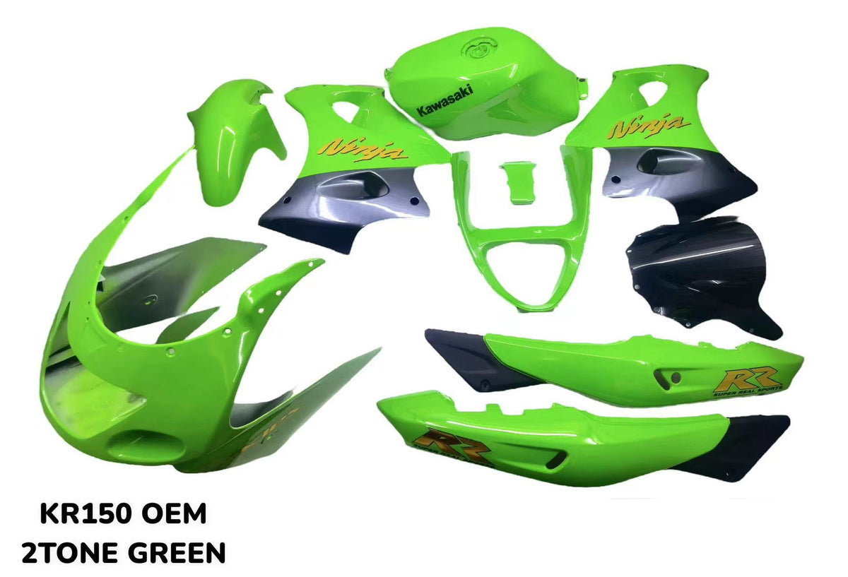KAWASAKI NINJA DOUBLE R KR 150 RR BODY COVERSET, CLEAR-COATED STICKERS, 2-TONE RED, INCLUDING TANK (2 LARGE BOXES), OEM SET