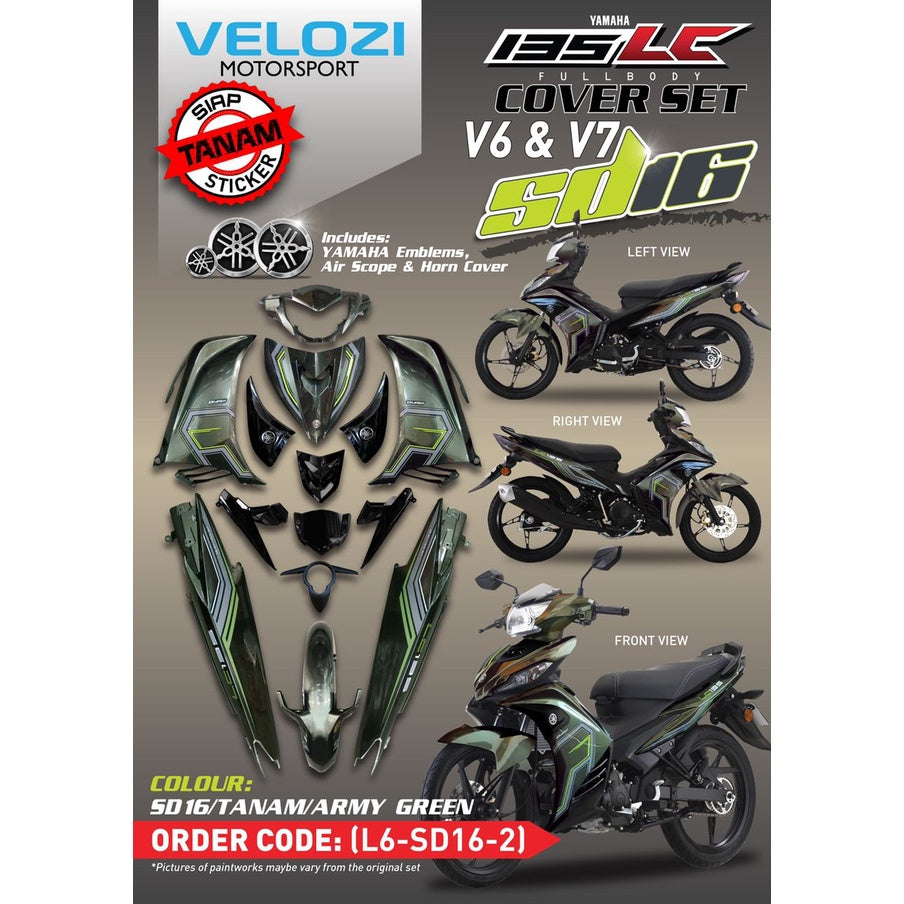 YAMAHA LC LC135 V6 V7 ARMY GREEN LUMUT MATELIC PATTERN LINE SD16 COVERSET BODYSET SIAP TANAM VELOZI WITH COVER METER