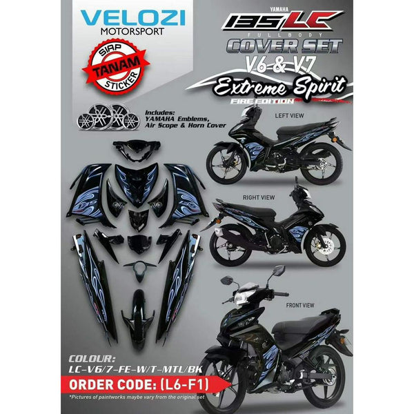 YAMAHA LC135 V6 V7 METALLIC BLACK FIRE WHITE DESIGN BODYSET COVERSET PRE-INSTALLED VELOZI WITH METER COVER