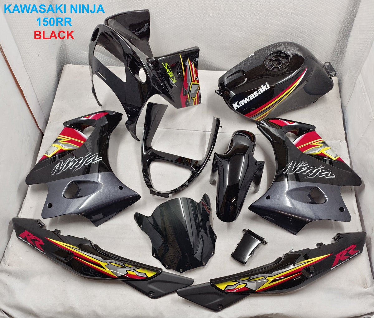KAWASAKI NINJA DOUBLE R 150 RR STANDARD COVERSET STICKER SIAP TANAM BLACK HITAM TERMASUK TANK ( 2 KOTAK BESAR ) OEM SET