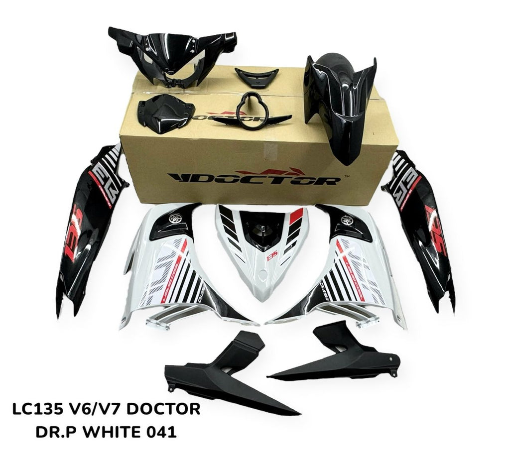 COVERSET BODYSET YAMAHA LC LC135 V6 V7 DR. P WHITE PUTIH STRIPE TANAM CODE 041 DOCTOR EDITION OEM