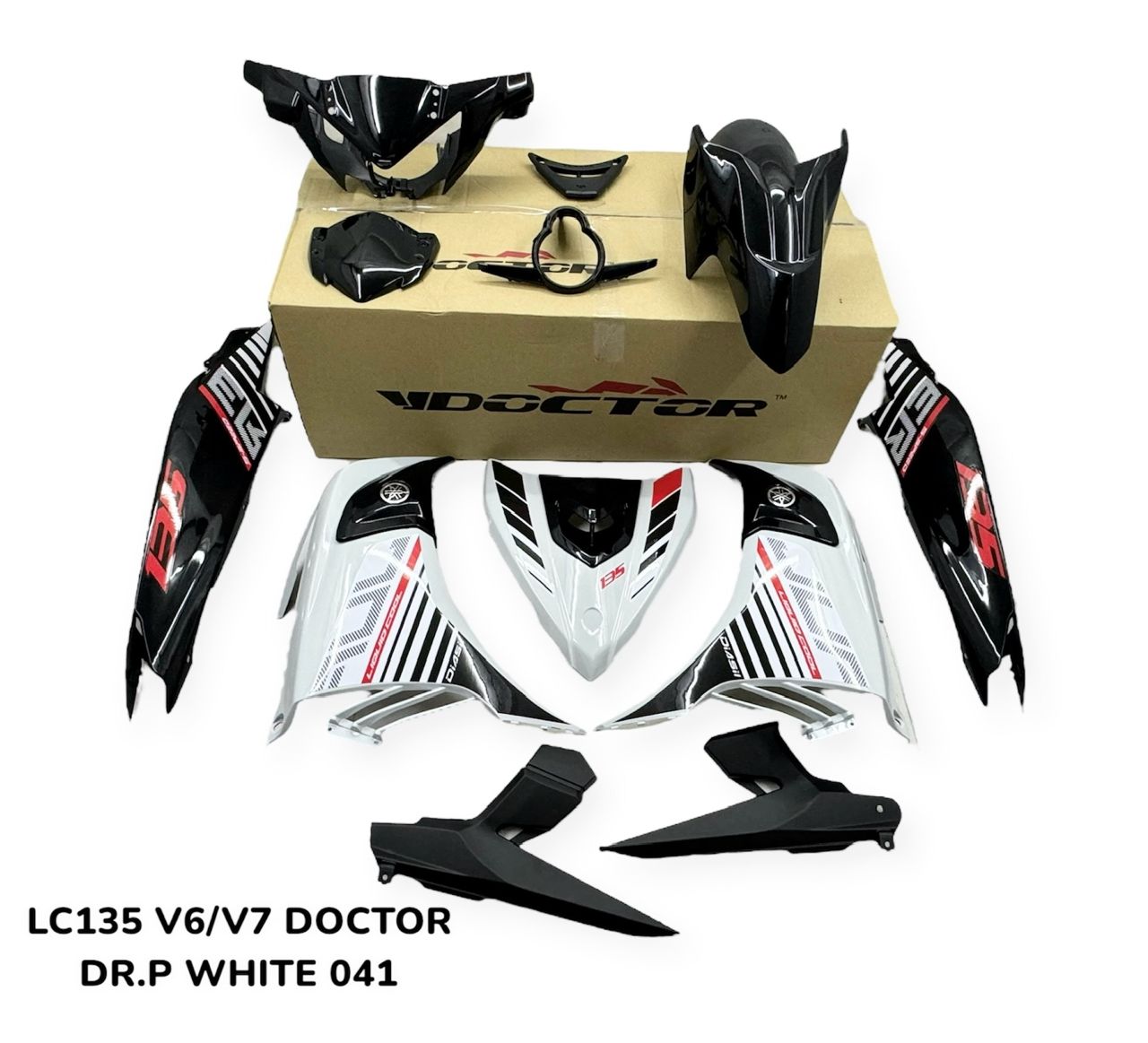 COVERSET BODYSET YAMAHA LC LC135 V6 V7 DR. P WHITE PUTIH STRIPE TANAM CODE 041 DOCTOR EDITION OEM