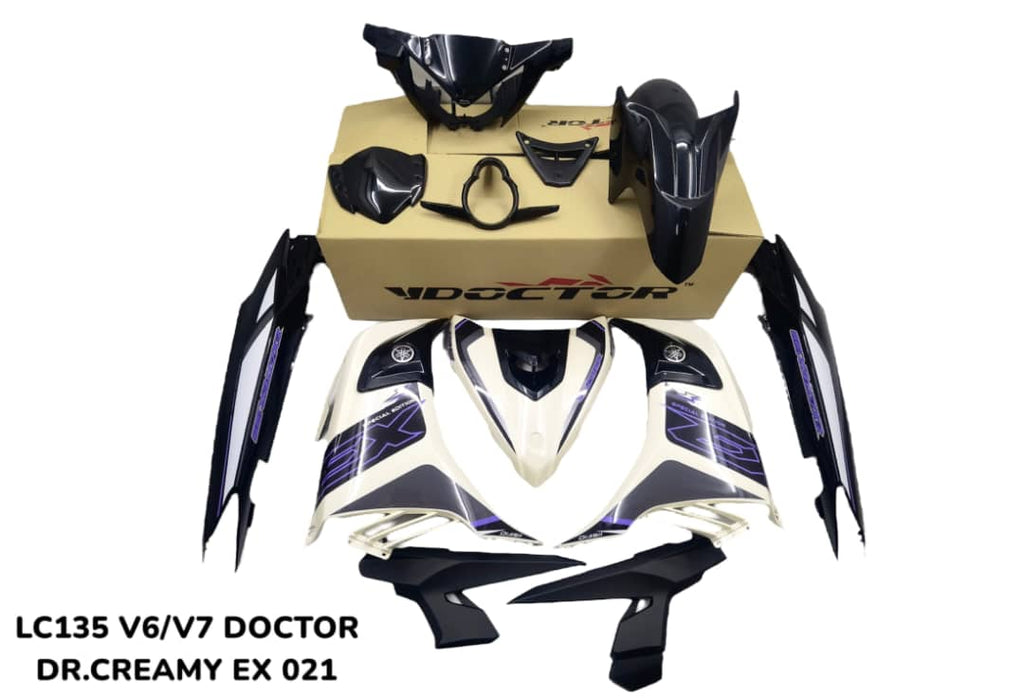 COVERSET BODYSET YAMAHA LC LC135 V6 V7 DR EXCITER CREAMY WHITE STRIPE TANAM CODE 021 DOCTOR EDITION OEM