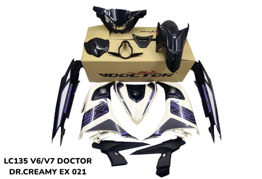 COVERSET BODYSET YAMAHA LC LC135 V6 V7 DR EXCITER CREAMY WHITE STRIPE TANAM CODE 021 DOCTOR EDITION OEM