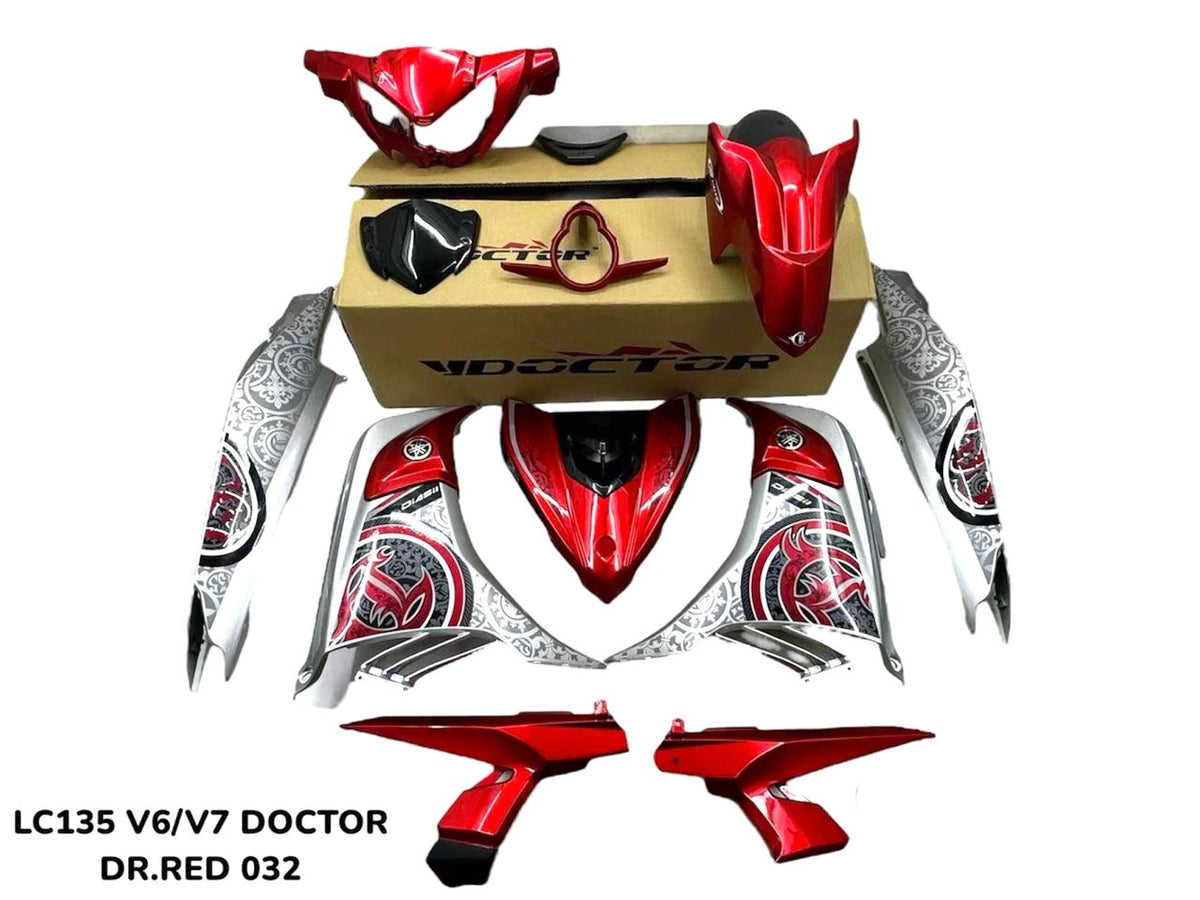 COVERSET BODYSET YAMAHA LC LC135 V2 V6 V7 DR MERAH SILVER RM7 S3 BATIK MERAH RED STRIPE TANAM CODE 032 DOCTOR / VELOZI