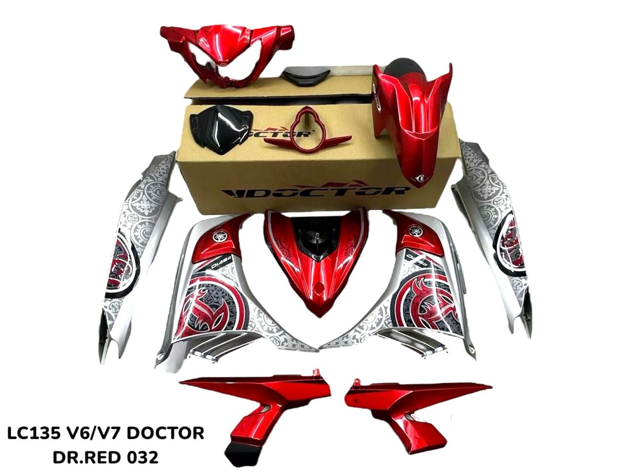 COVERSET BODYSET YAMAHA LC LC135 V2 V6 V7 DR MERAH SILVER RM7 S3 BATIK MERAH RED STRIPE TANAM CODE 032 DOCTOR / VELOZI