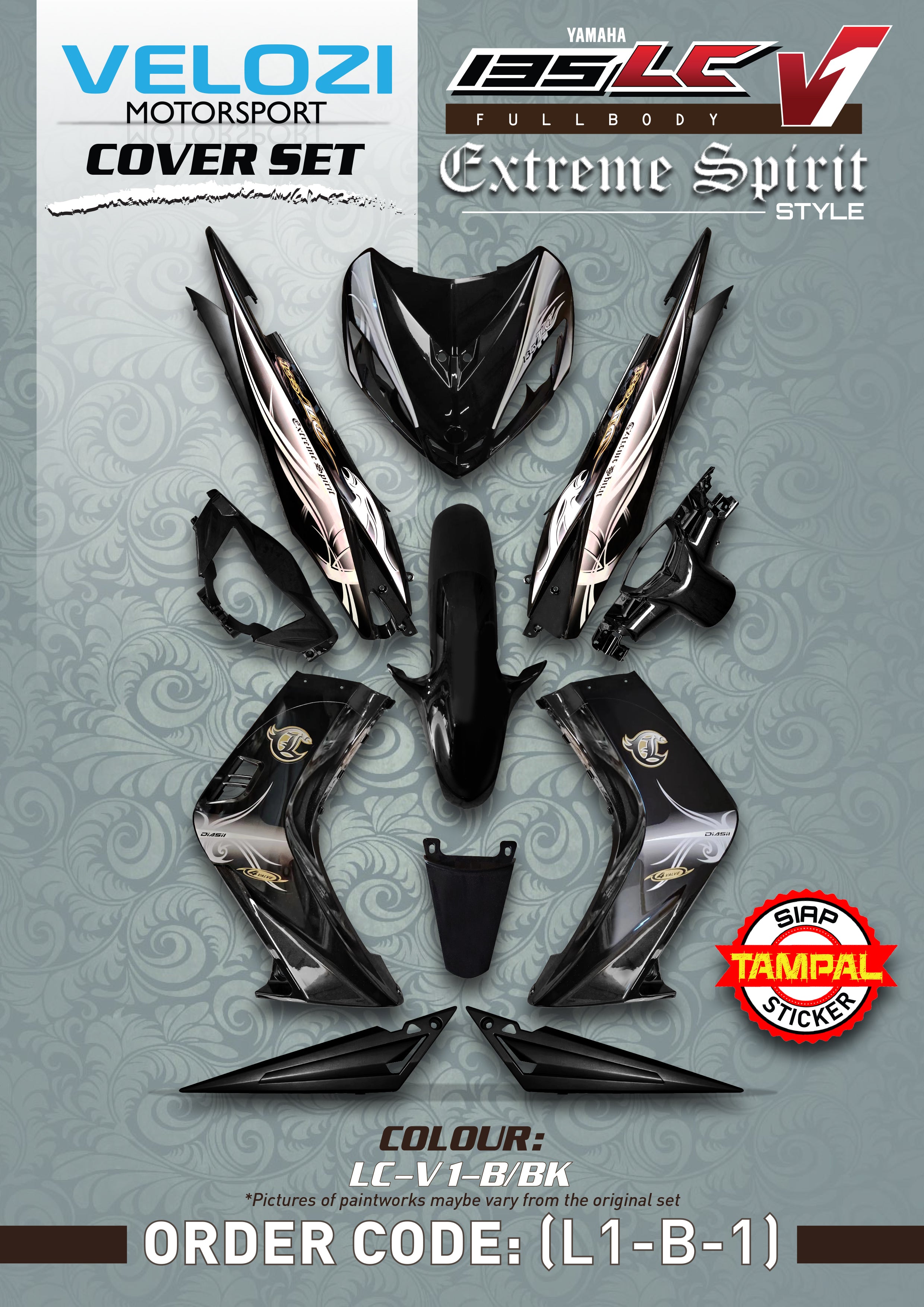 COVERSET BODYSET LC 135 V1 HITAM BATIK EXTREME SPIRIT ORI 100% HONG LEONG YAMAHA HLY STRIPE SIAP TAMPAL VELOZI