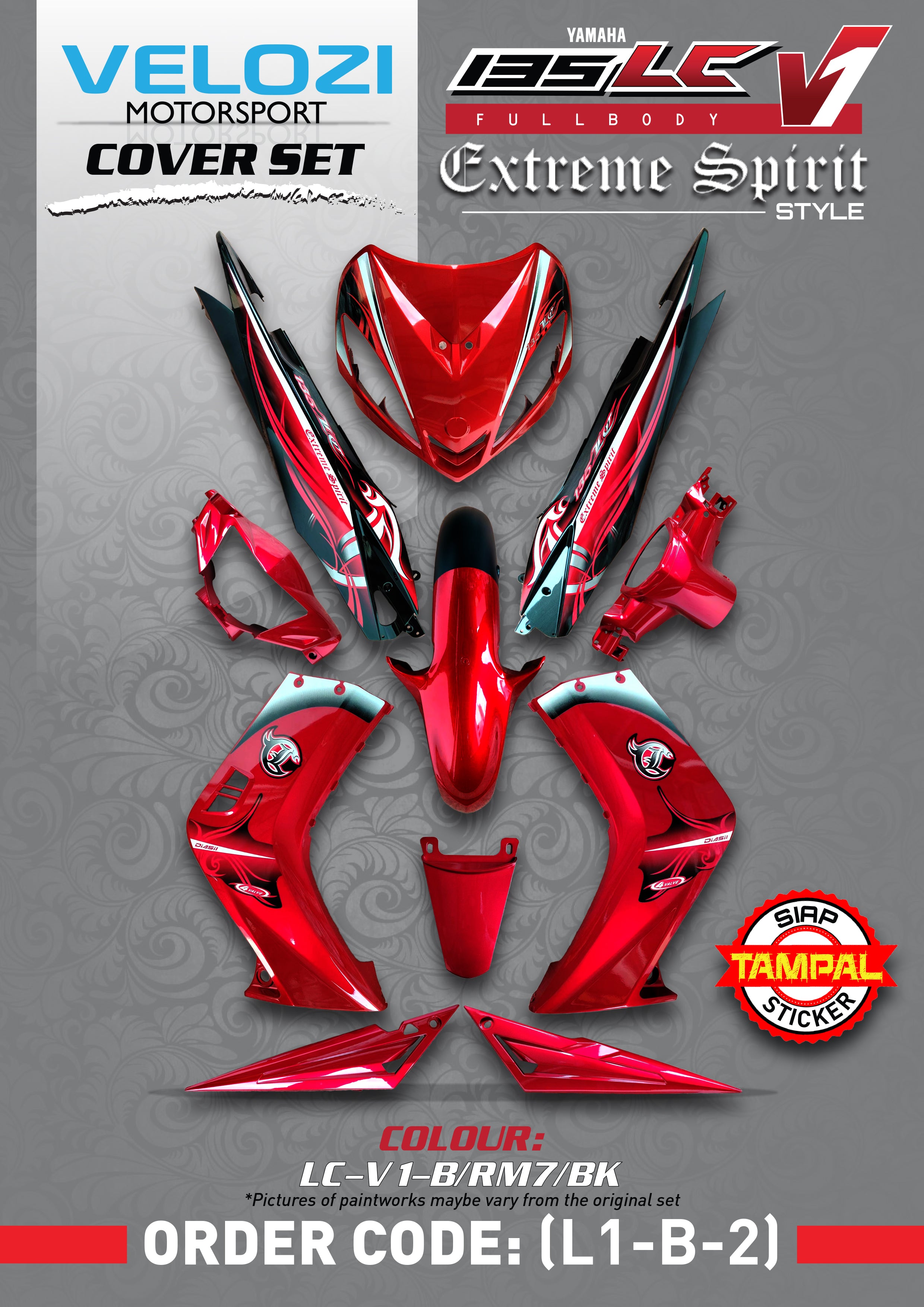 COVERSET BODYSET YAMAHA LC135 LC V1 MERAH MAROON BATIK ORIGINAL 100% HONG LEONG YAMAHA HLY / M SEKI / VELOZI