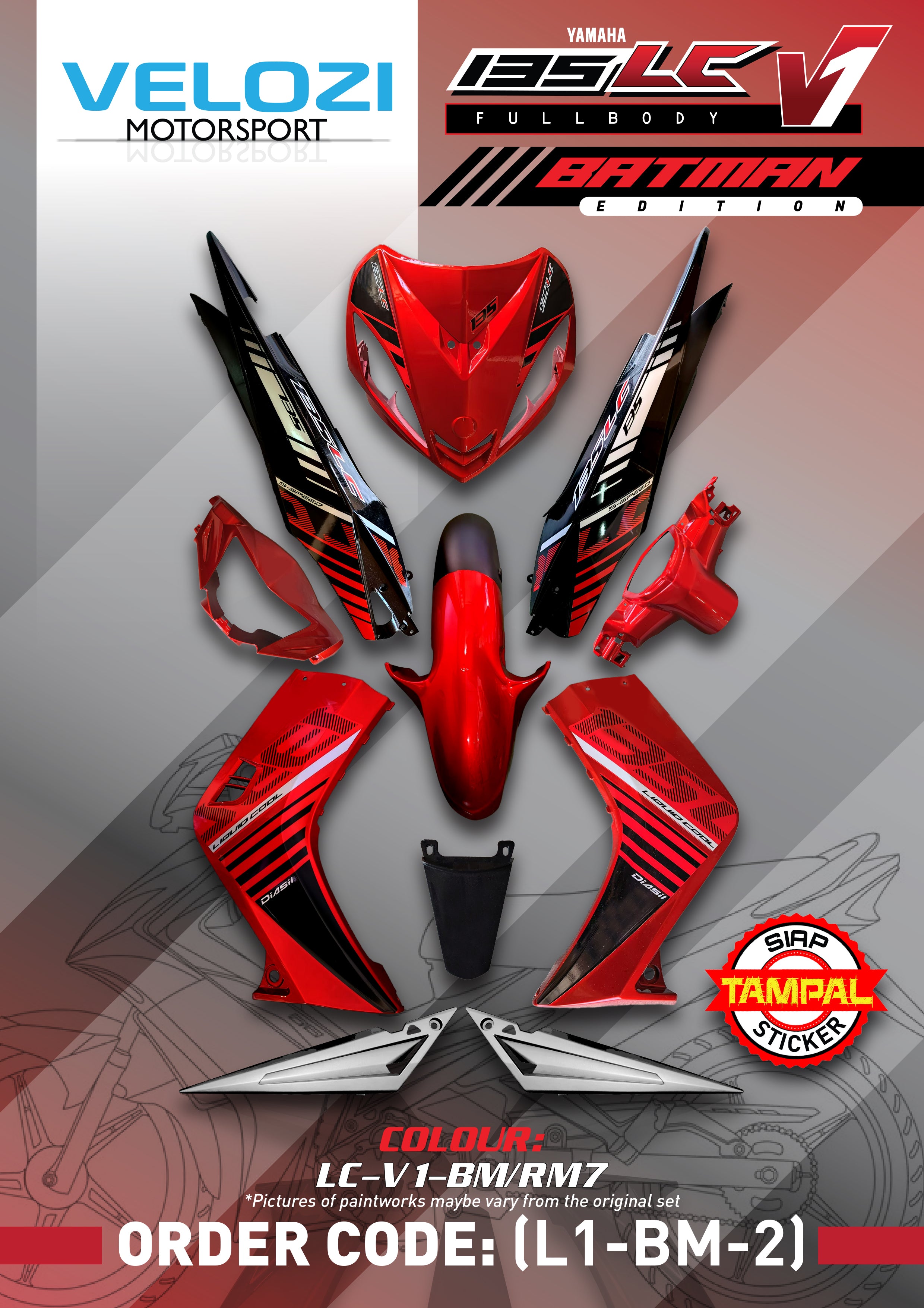 COVERSET LC LC135 V1 YAMAHA DOCTOR P RED MERAH BATMAN 021 2015  / VELOZI L1-BM-2 STRIPE SIAP TANAM CLEAR