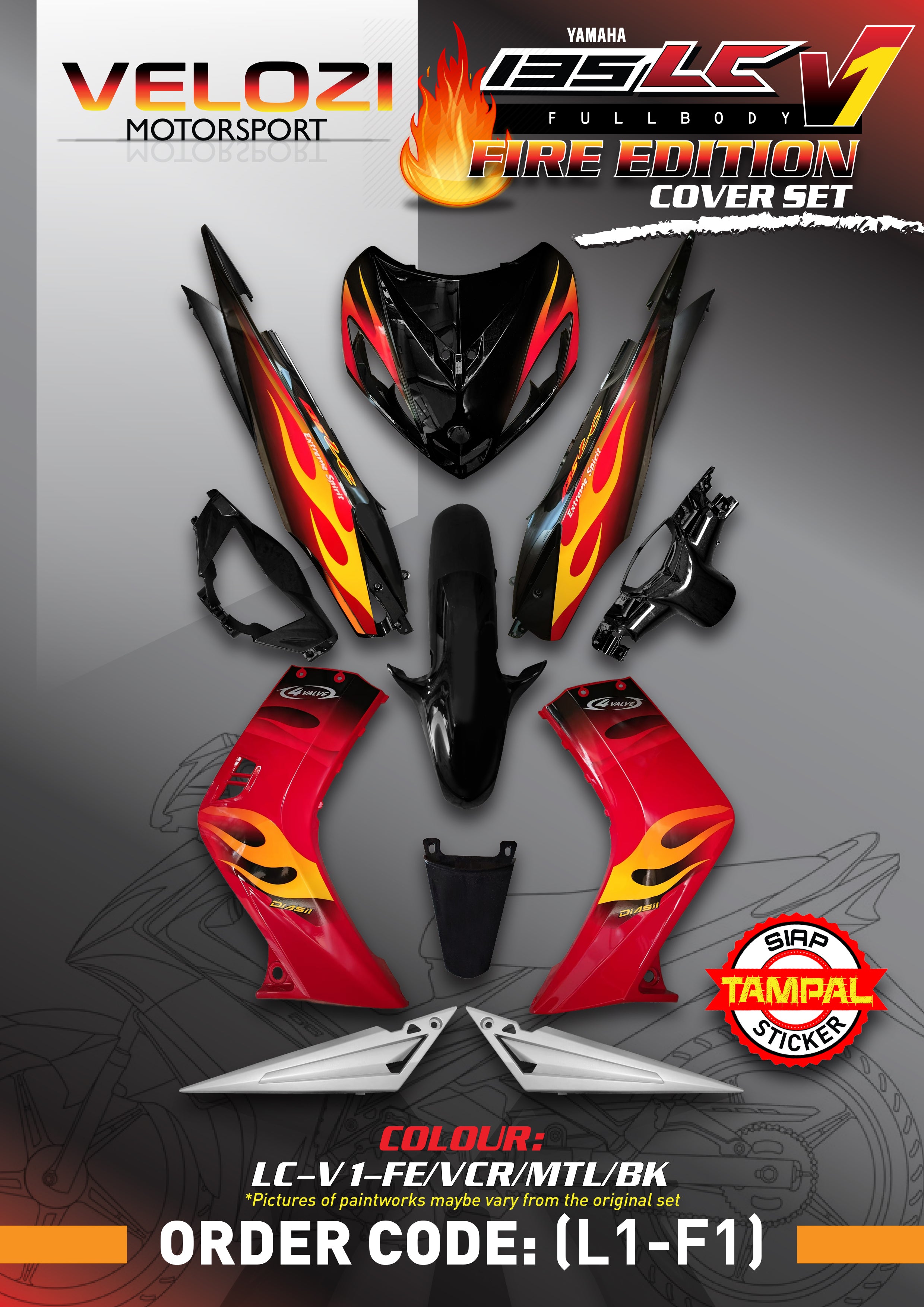 COVERSET BODYSET YAMAHA LC LC135 V1 MERAH API ORIGINAL HONG LEONG YAMAHA HLY M MATE VELOZI STRIPE SIAP TAMPAL