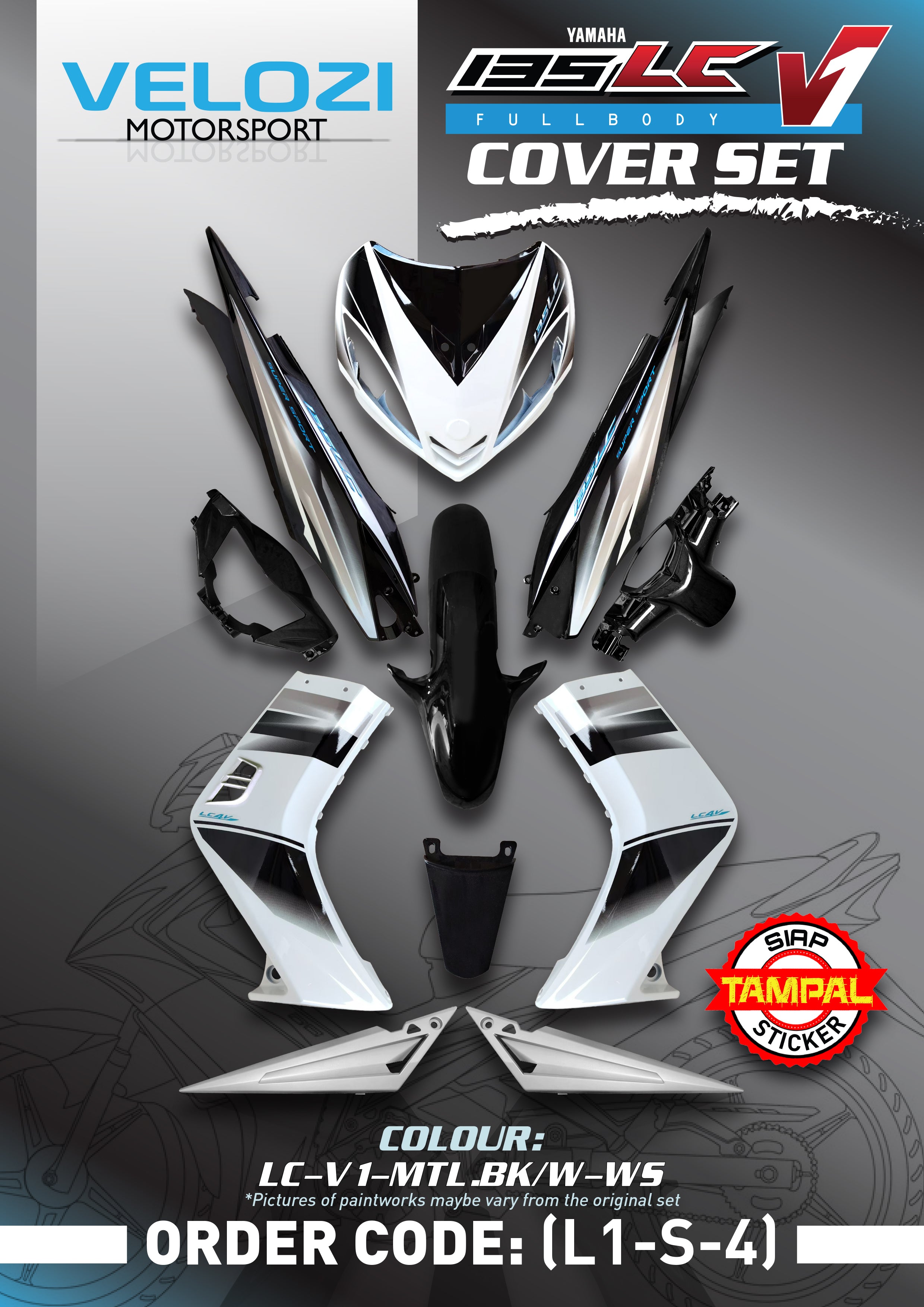 COVERSET BODYSET YAMAHA LC LC135 V1 PUTIH HITAM ORIGINAL HONG LEONG YAMAHA HLY STRIPE SIAP TAMPAL FREE EMBLEM