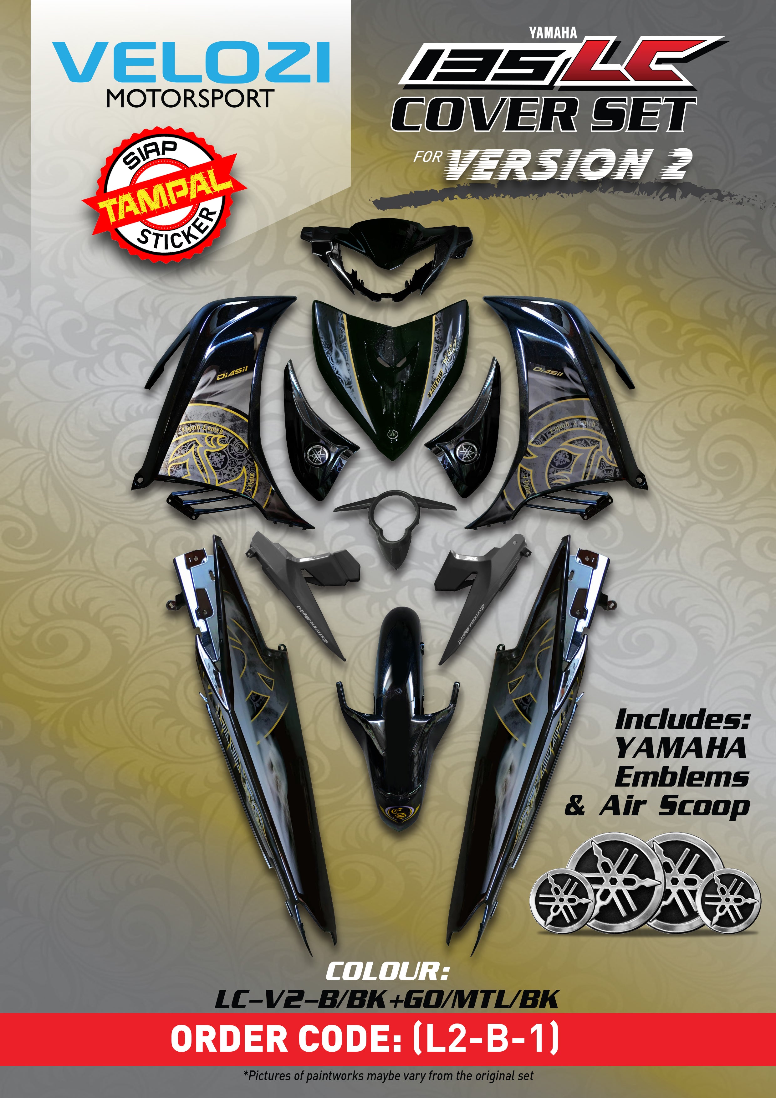 COVERSET ORIGINAL HONG LEONG YAMAHA HLY VELOZI M SEKI LC LC135 V2 V3 V4 V5 V6 HITAM BATIK GOLD STRIPE SIAP TAMPAL
