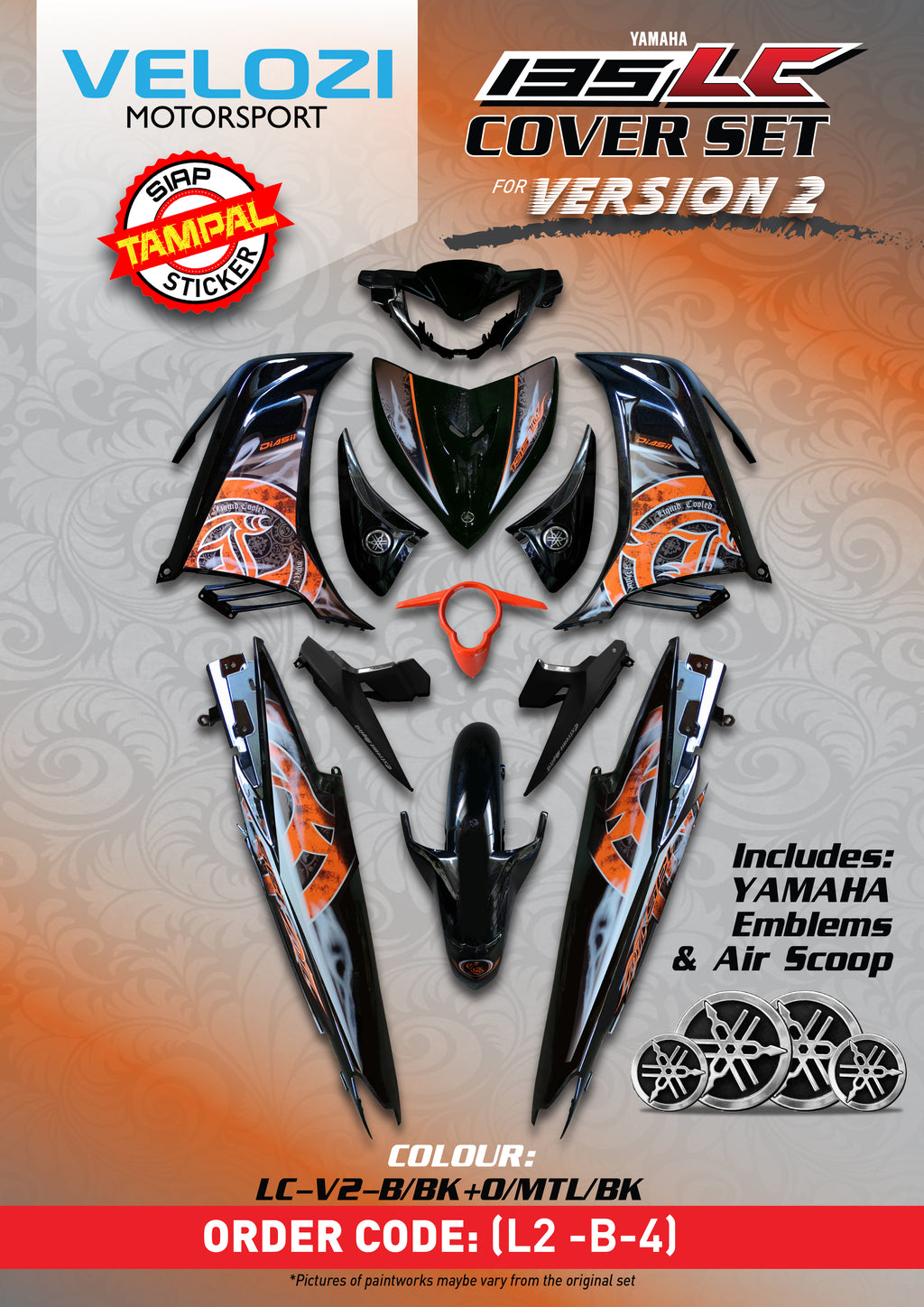 COVERSET ORIGINAL HONG LEONG YAMAHA HLY VELOZI M SEKI LC LC135 V2 V3 V4 V5 V6 V7 ORANGE BATIK STRIPE SIAP TAMPAL