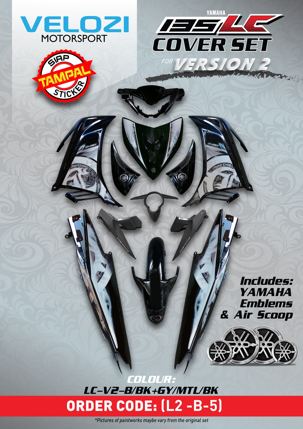 COVERSET ORIGINAL HONG LEONG YAMAHA HLY VELOZI M SEKI LC LC135 V2 V3 V4 V5 V6 HITAM BATIK SMOKE HITAM STRIPE SIAP TAMPAL