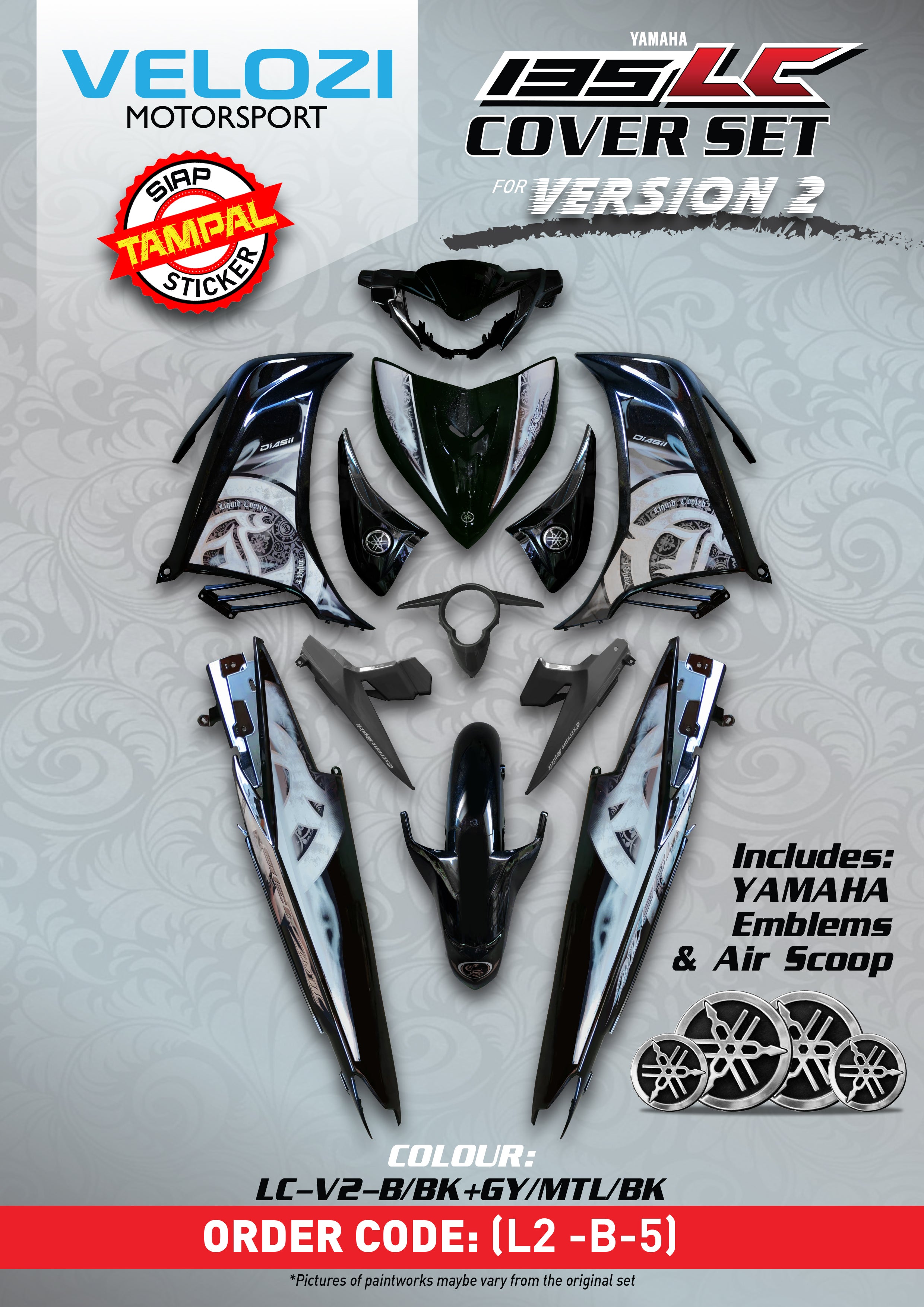 COVERSET ORIGINAL HONG LEONG YAMAHA HLY VELOZI M SEKI LC LC135 V2 V3 V4 V5 V6 HITAM BATIK SMOKE HITAM STRIPE SIAP TAMPAL