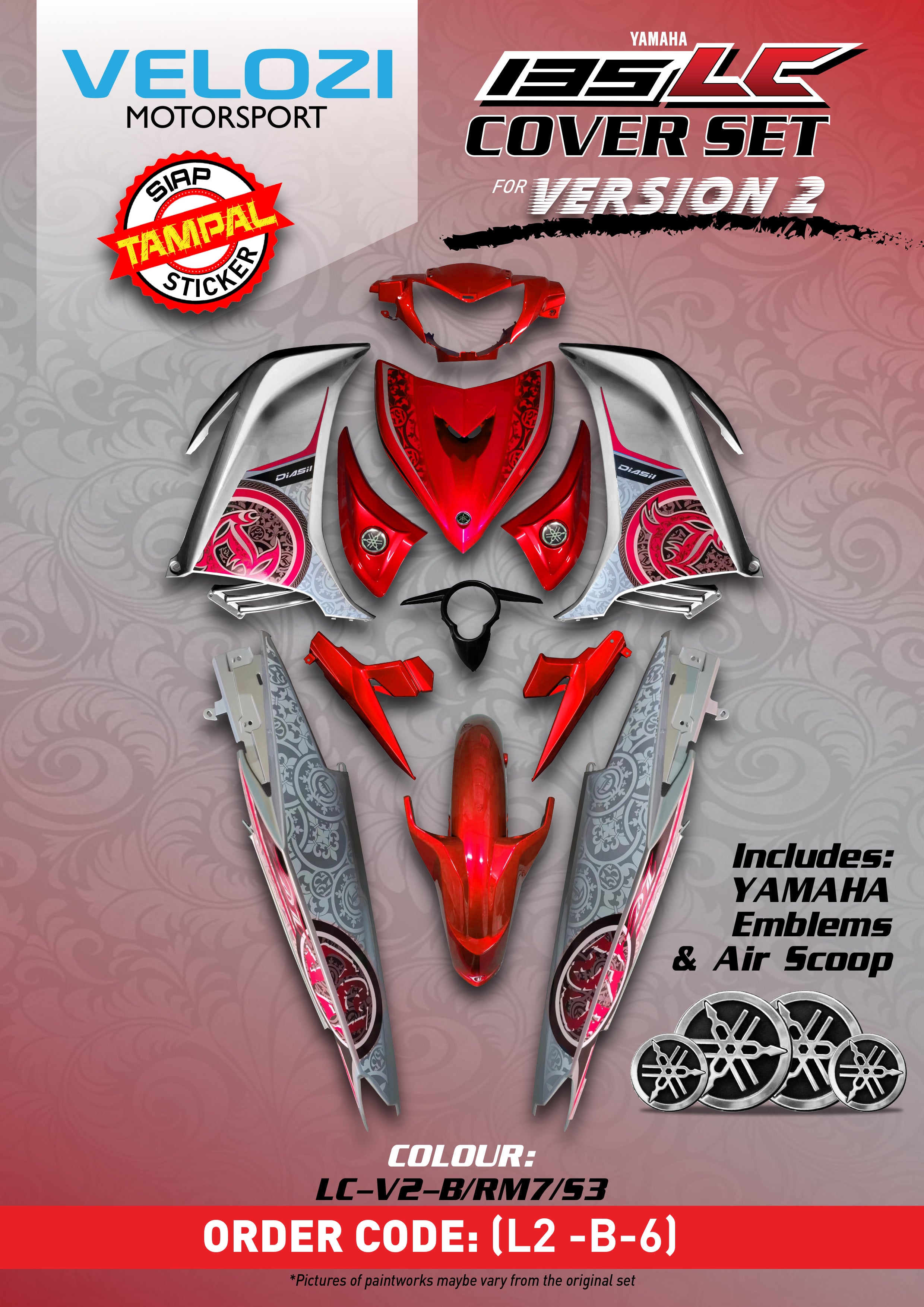 COVERSET BODYSET YAMAHA LC LC135 V2 V6 V7 DR MERAH SILVER RM7 S3 BATIK MERAH RED STRIPE TANAM CODE 032 DOCTOR / VELOZI