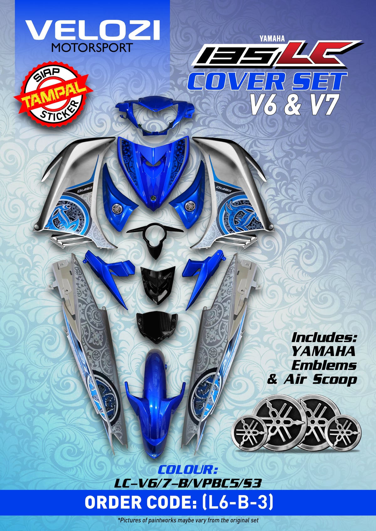 YAMAHA LC135 V2 V6 V7 BODYSET COVERSET BLUE SILVER VPBC5 S3 BATIK BLUE EMBEDDED STRIPE CODE 031 DOCTOR VELOZI EDITION