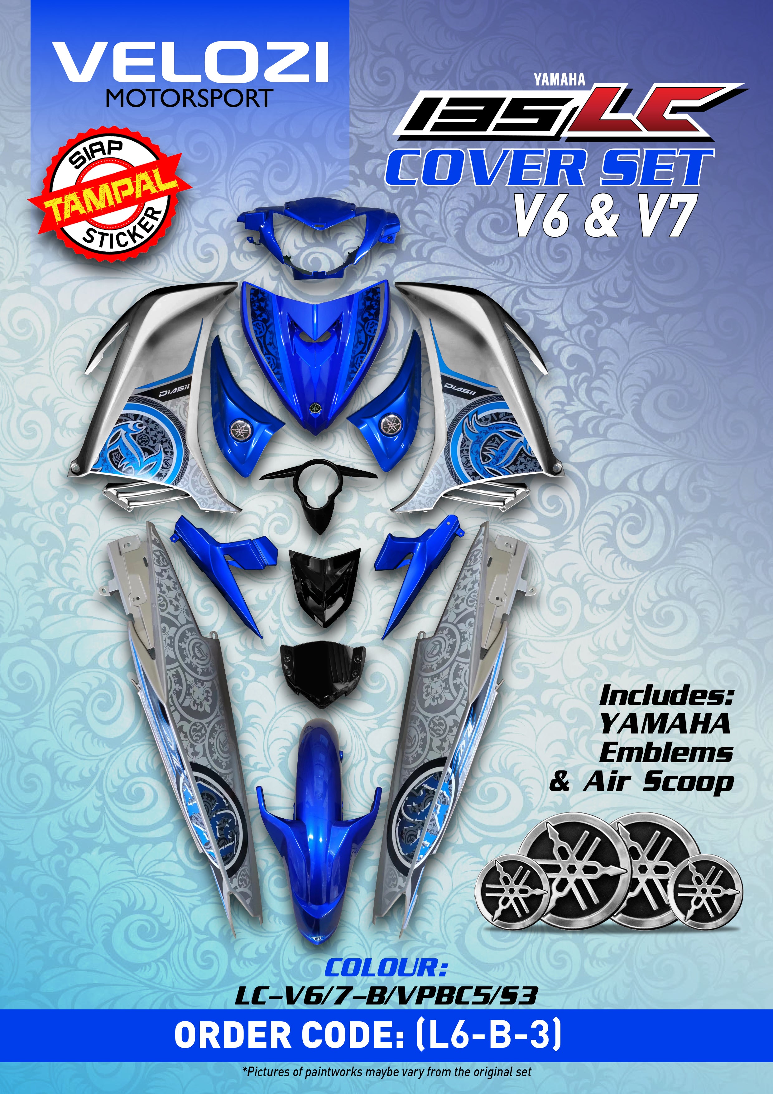 COVERSET BODYSET YAMAHA LC LC135 V2 V6 V7 DR BIRU SILVER VPBC5 S3 BATIK BIRU STRIPE TANAM CODE 031 DOCTOR VELOZI EDITION