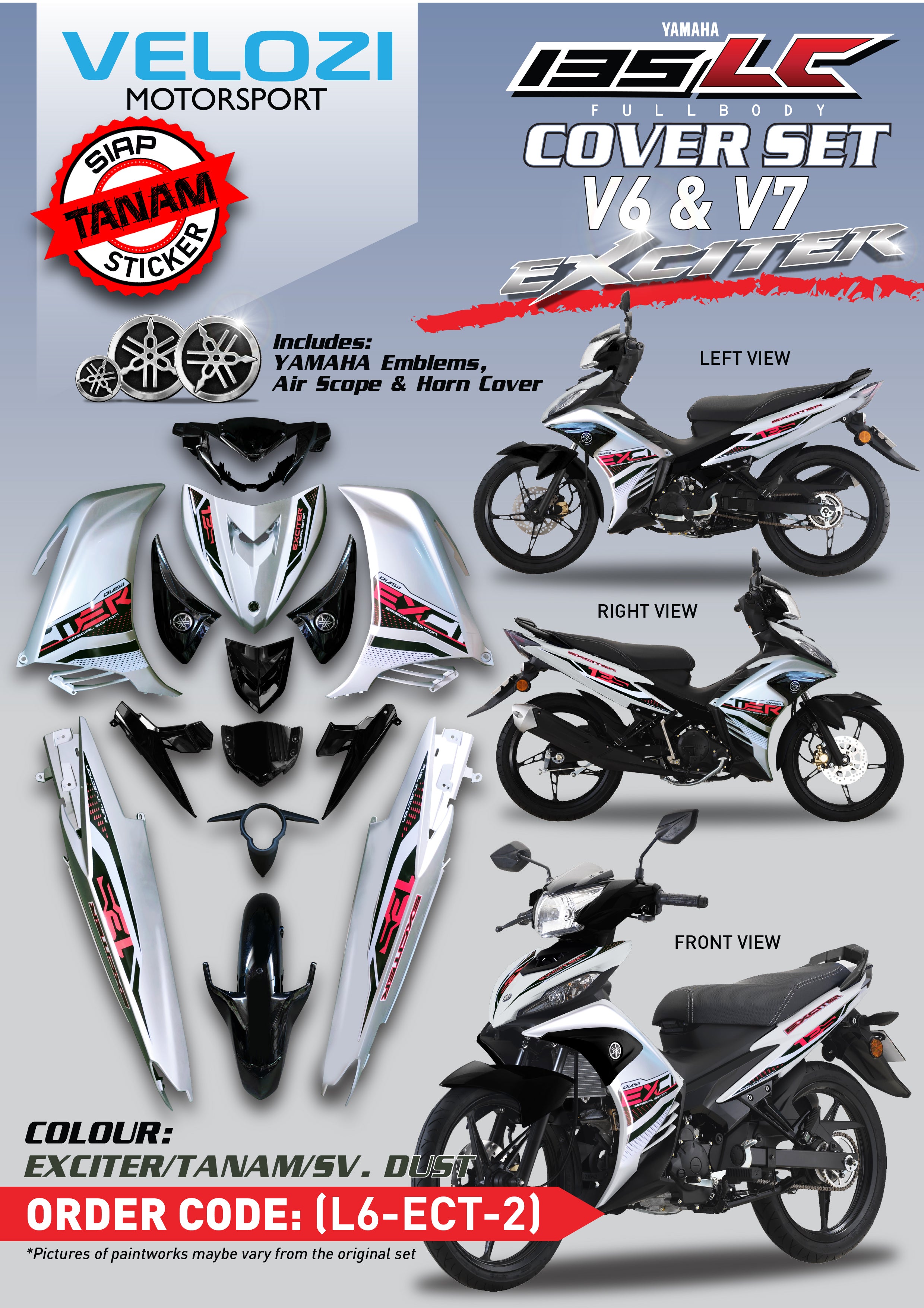 COVERSET LC 135 LC135 V6 EXCITER SILVER DUST 2021 DOCTOR / VELOZI L6-ECT-2 SIAP TAMPAL FREE EMBLEM