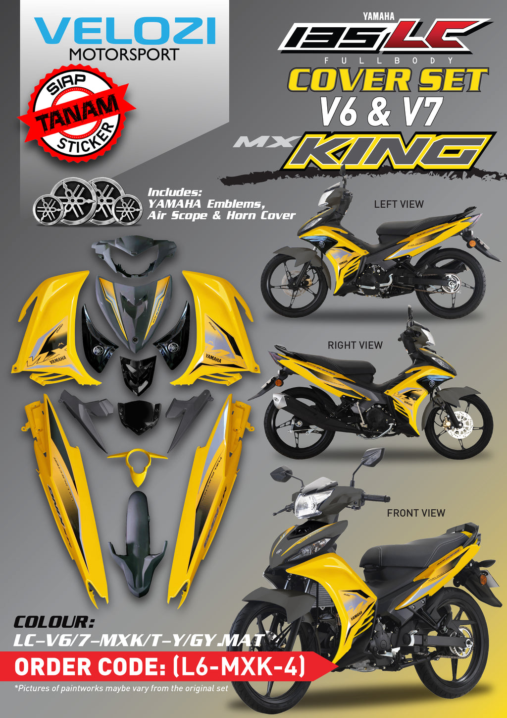 YAMAHA LC LC135 V6 V7 MX KING SUNNY YELLOW GREY MATT L6-MXK-4 COVERSET BODYSET SIAP TANAM VELOZI WITH COVER METER