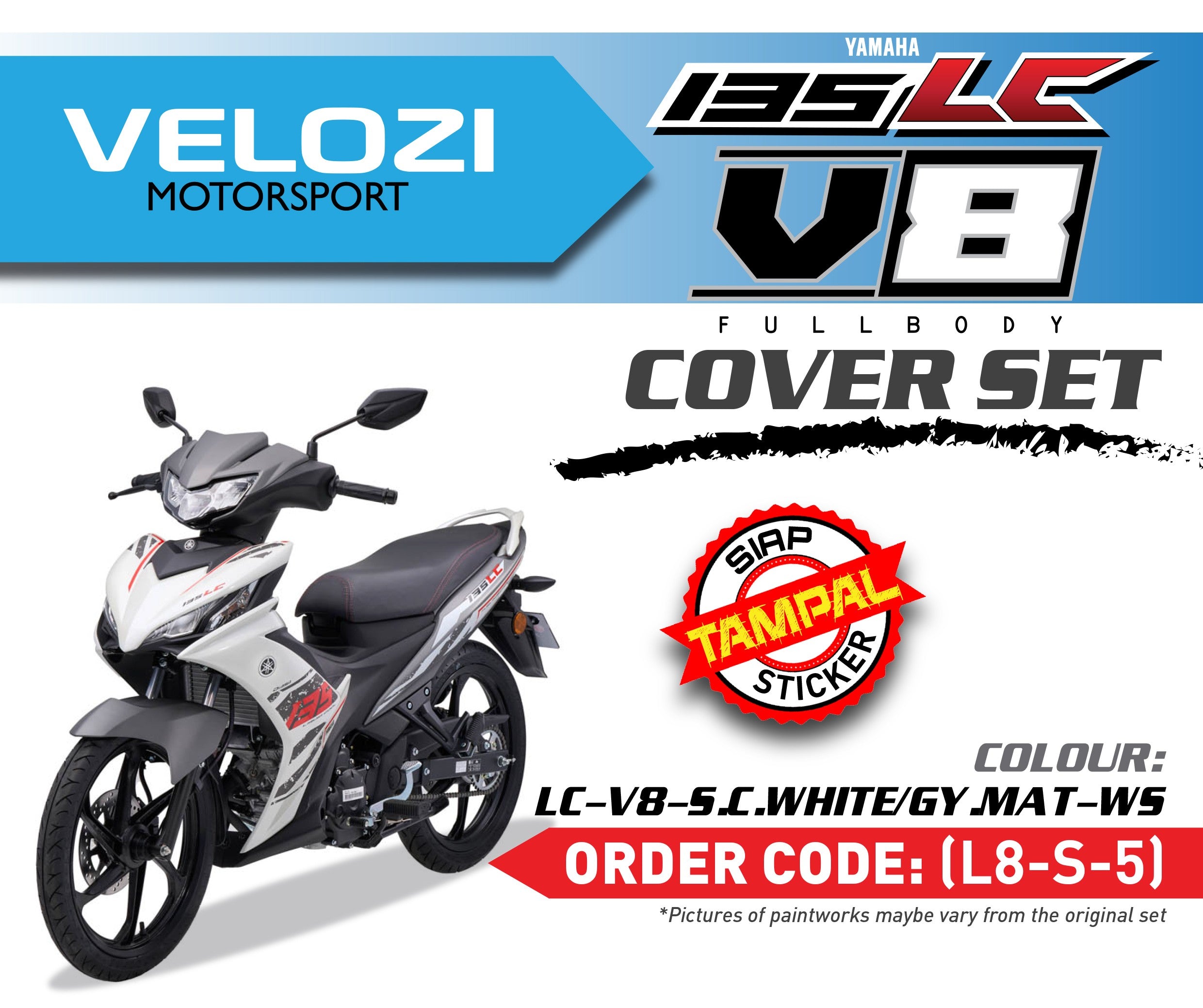MOTORCYCLE COVERSET BODYSET LC135 LC V8 SILKY CRYSTAL WHITE GREY MATT L8-S-5 FUEL INJECTION FI YAMAHA SIAP TAMPAL VELOZI