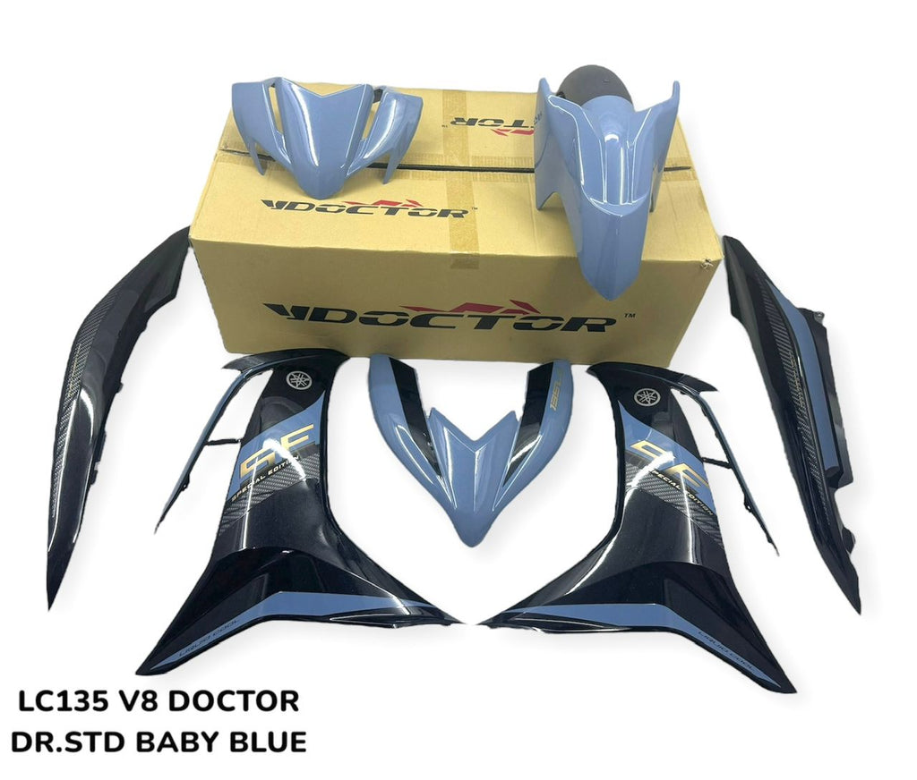 MOTORCYCLE COVERSET BODYSET LC135 LC V8 DBSB METALIC BLACK BABY BLUE FUEL INJECTION FI YAMAHA VELOZI L8-S-8 STD DOCTOR