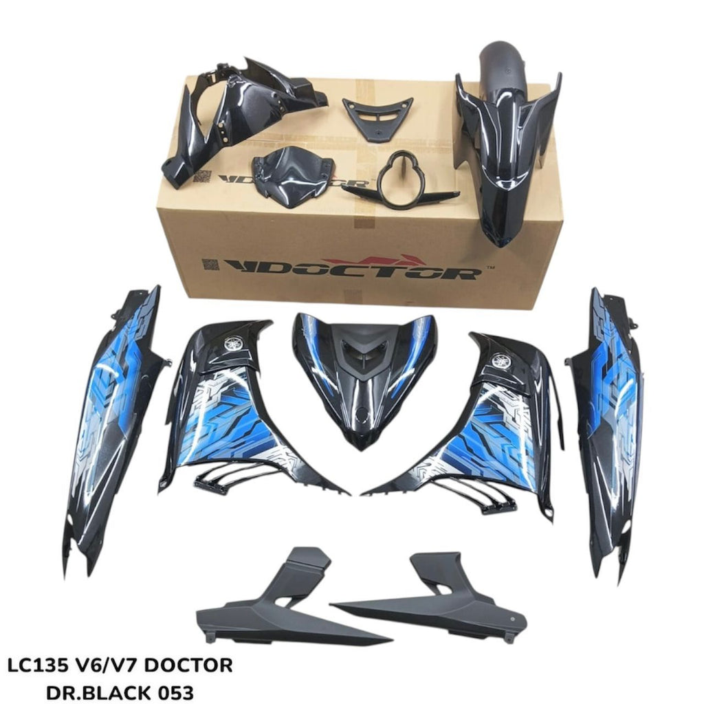 COVERSET YAMAHA LC LC135 V2 V3 V6 V7 HITAM KILAT FULL STRIPE HITAM BIRU ROBOT 9 BODYSET SIAP TAMPAL VELOZI DOCTOR 053
