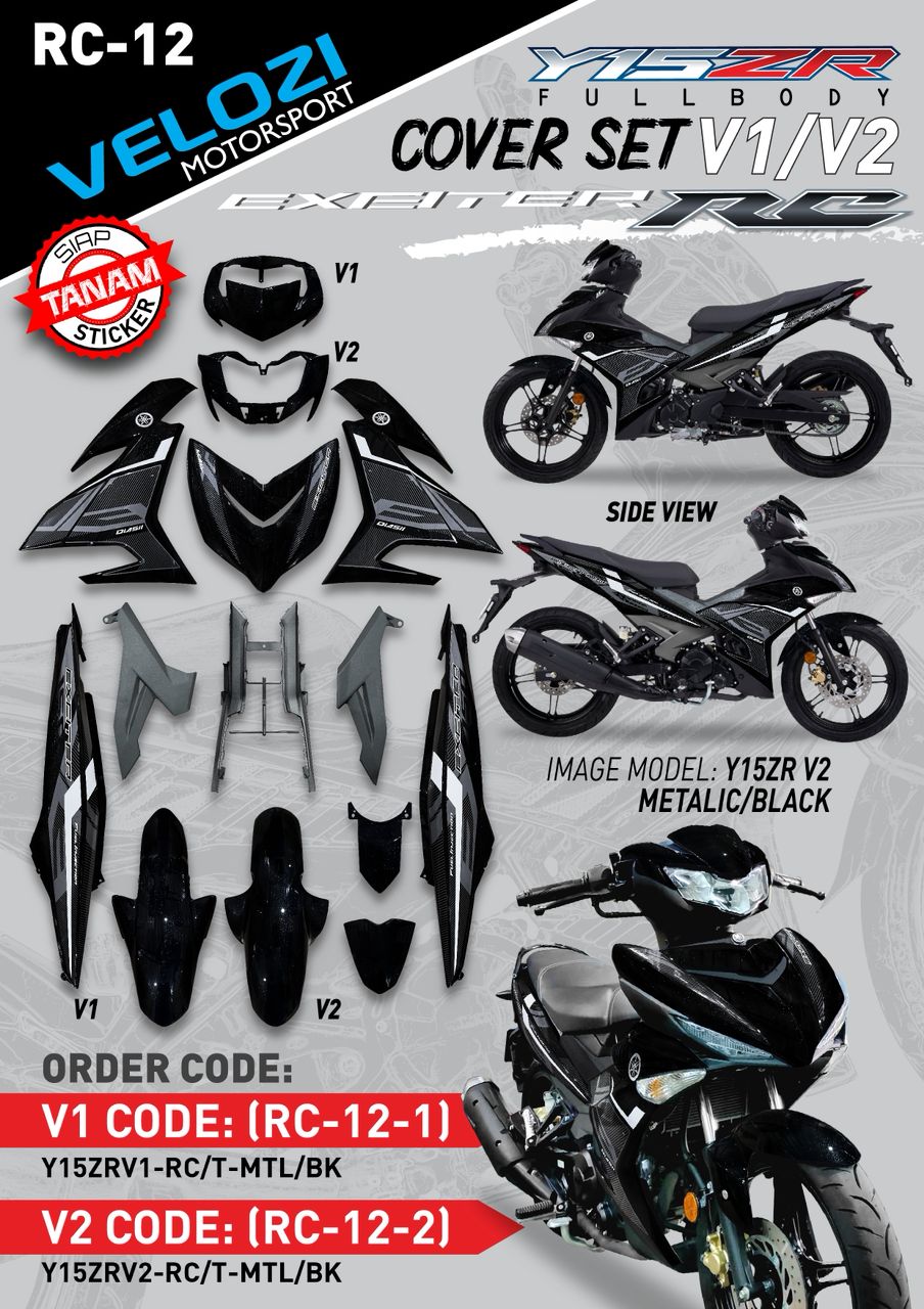 COVERSET Y15ZR V1 V2 EXCITER RC METALIC BLACK HITAM PREMIUM COVERSET BODYSET Y15ZR Y15 YSUKU VELOZI TANAM RC-12