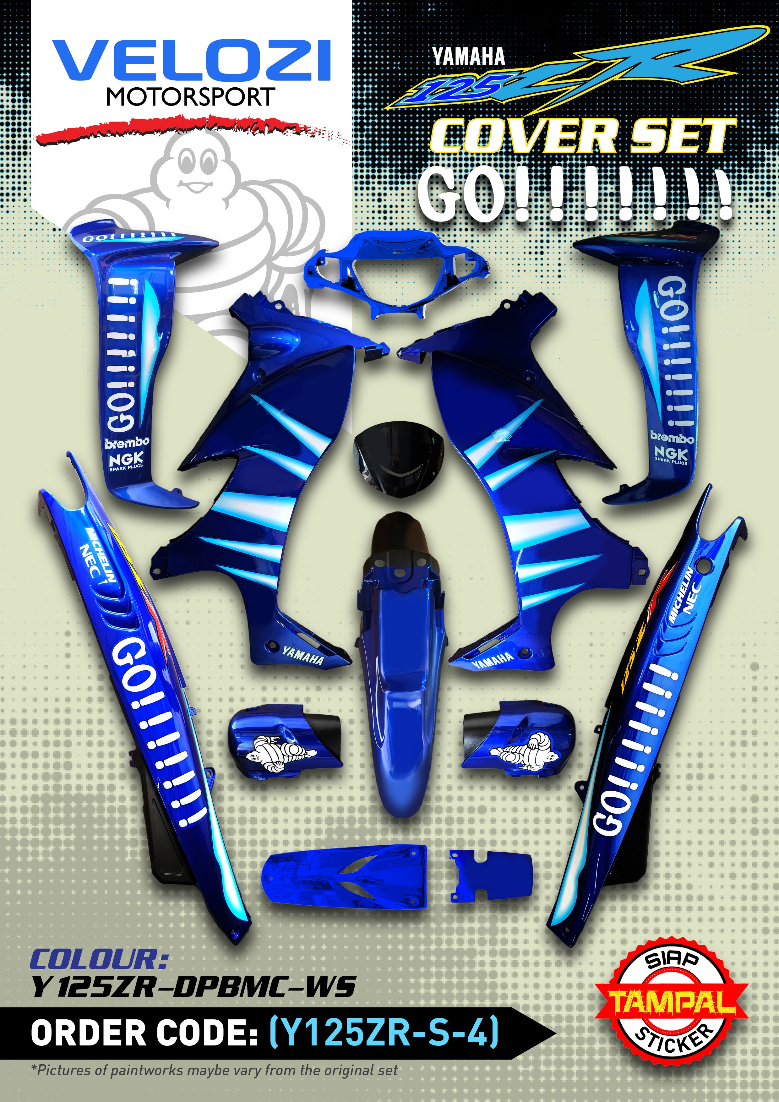 COVERSET ORIGINAL HLY HONG LEONG YAMAHA 125 125Z 125ZR BIRU GO GO STRIPE/STICKER SIAP TAMPAL HLY / VELOZI