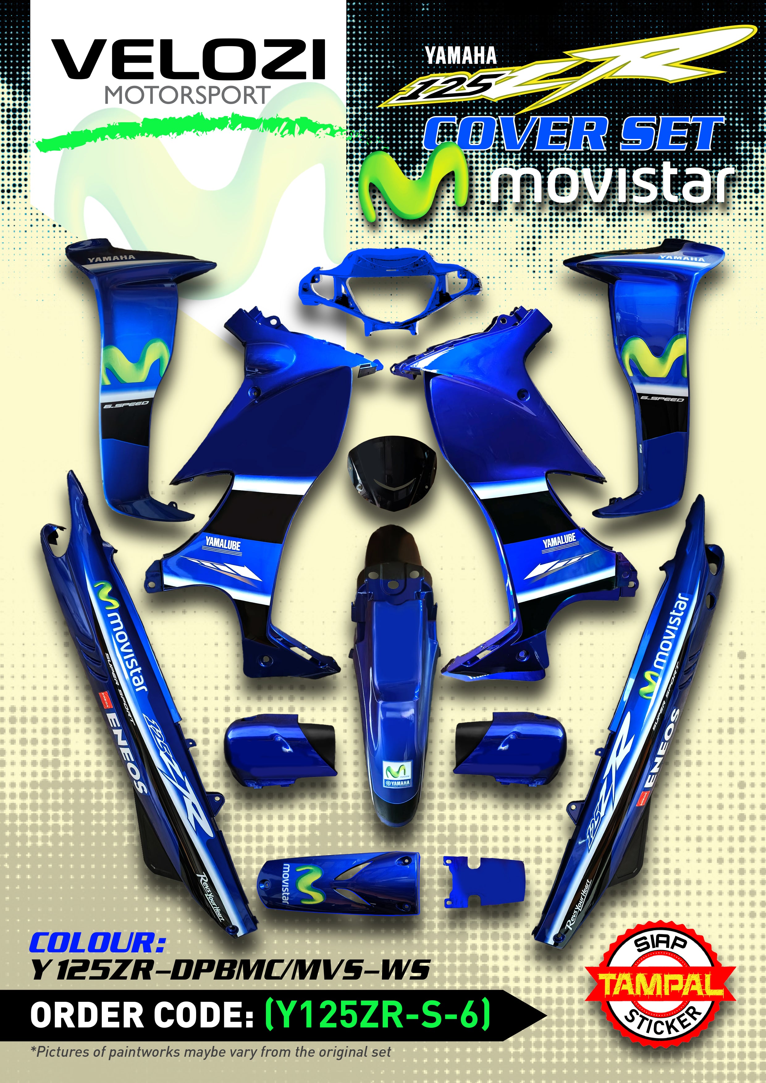 COVERSET ORIGINAL HLY YAMAHA 125z 125zr BIRU MOVISTAR STRIPE STICKER SIAP TAMPAL PERCUMA EMBLEM HONG LEONG VELOZI