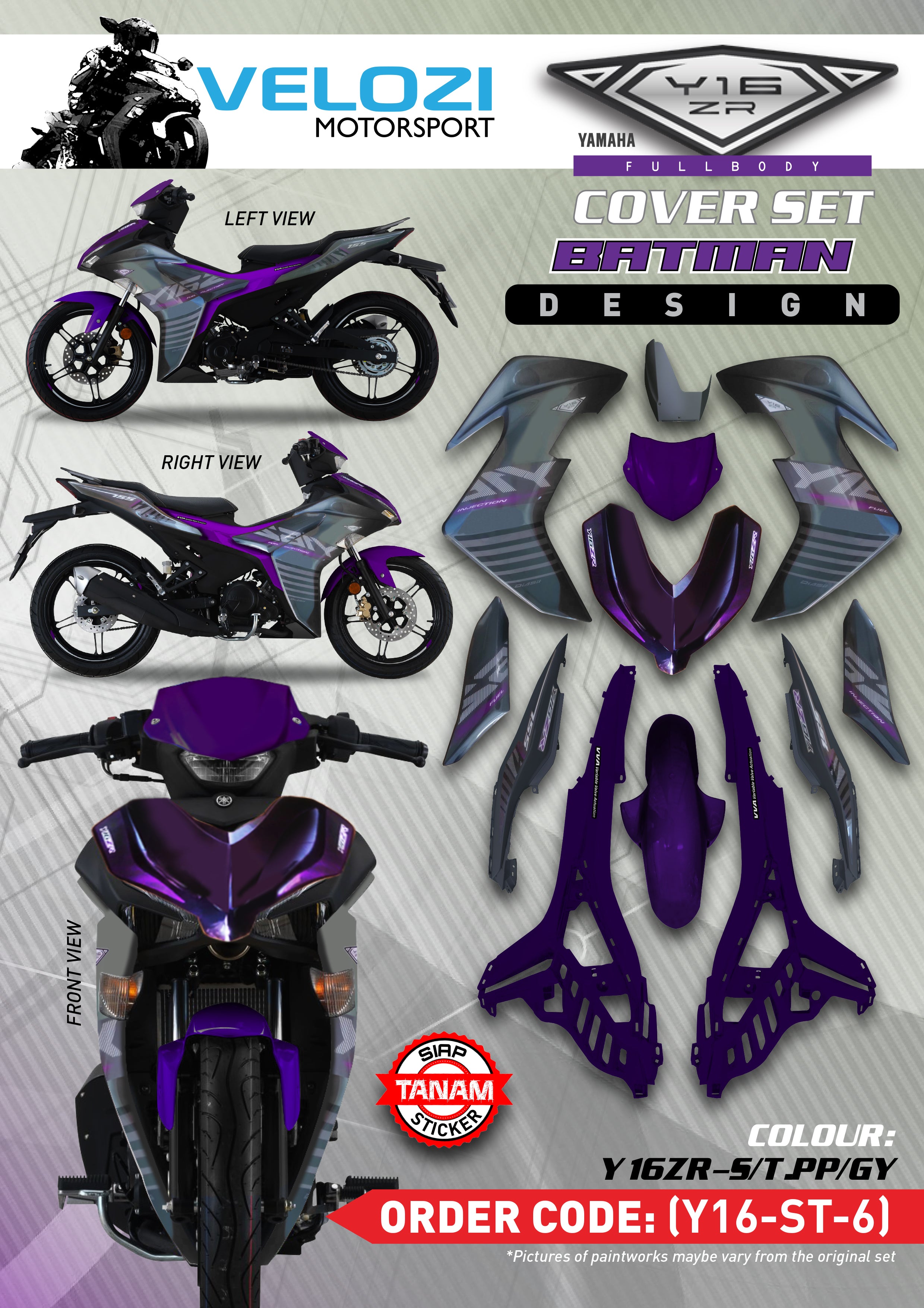 Y16 COVERSET Y16ZR P PURPLE UNGU 2015 022 VELOZI Y16-ST-6 ORIGINAL EQUIPMENT MANUFACTURED DOCTOR OEM SIAP TANAM
