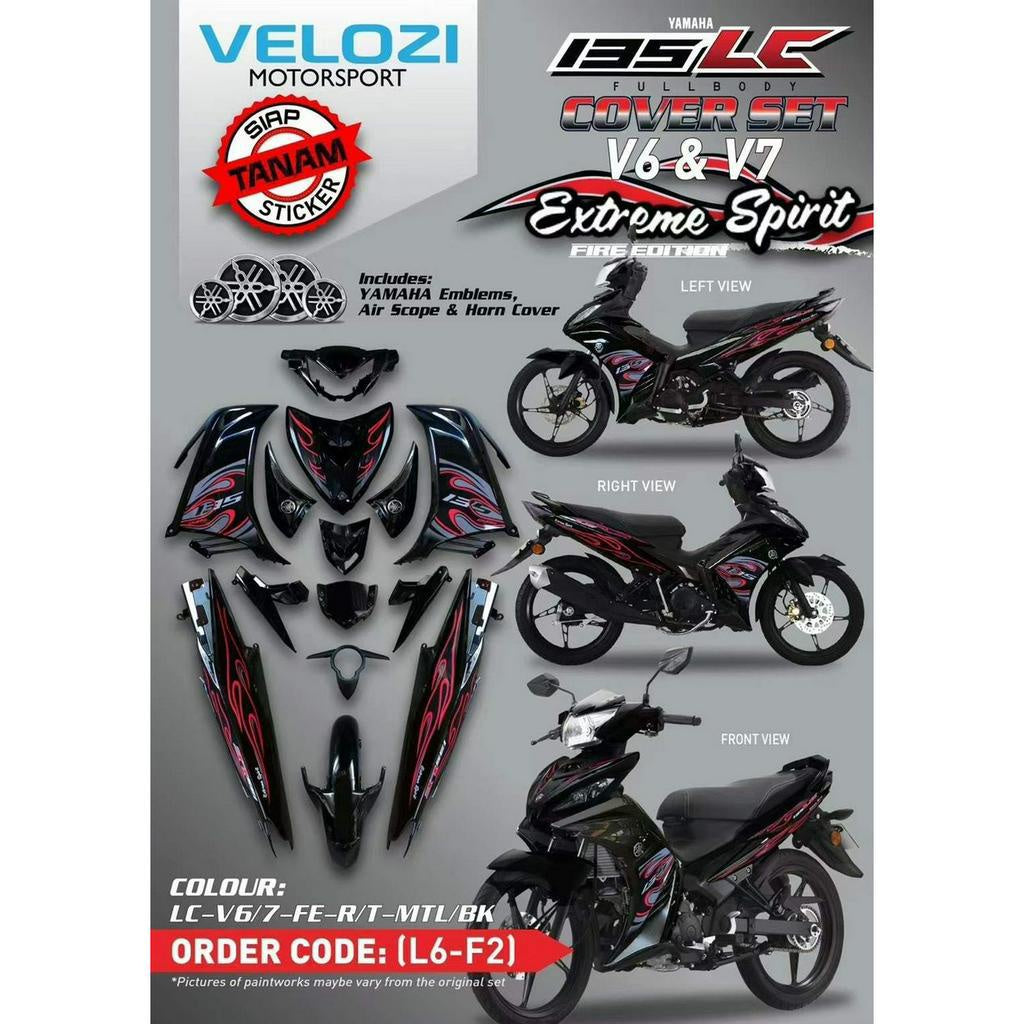 YAMAHA LC LC135 V6 V7 MATELIC BLACK FIRE RED DESIGN COVERSET BODYSET SIAP TANAM VELOZI WITH COVER METER