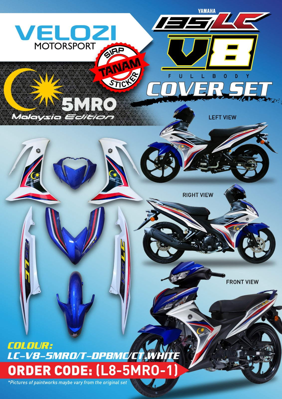 COVERSET BODYSET LC135 LC V8 5 MILLIONTH ROLL OUT 5MRO BLUE BIRU FUEL INJECTION FI YAMAHA SIAP TANAM VELOZI DOCTOR HLY