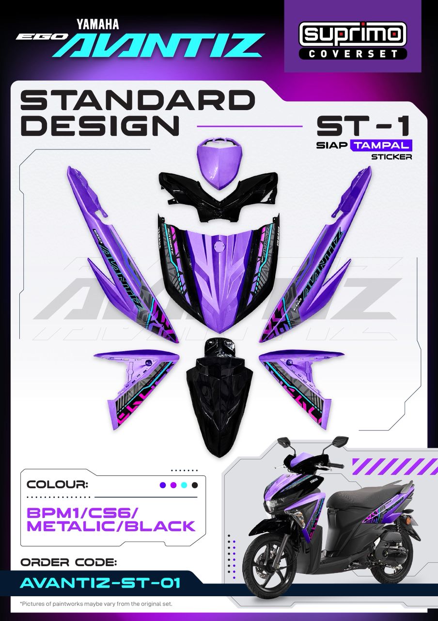 COVERSET BODYSET EGO AVANTIZ YAMAHA STICKER SIAP TAMPAL BPM1 PURPLE MM-02 SUPRIMO VELOZI ST-01