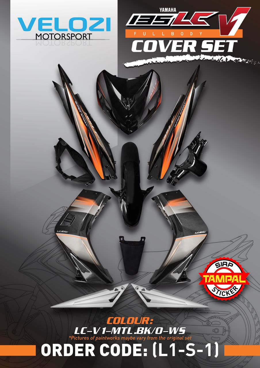 COVERSET BODYSET YAMAHA LC LC135 V1 HITAM OREN ORIGINAL 100% HONG LEONG YAMAHA HLY STRIPE SIAP TAMPAL VELOZI