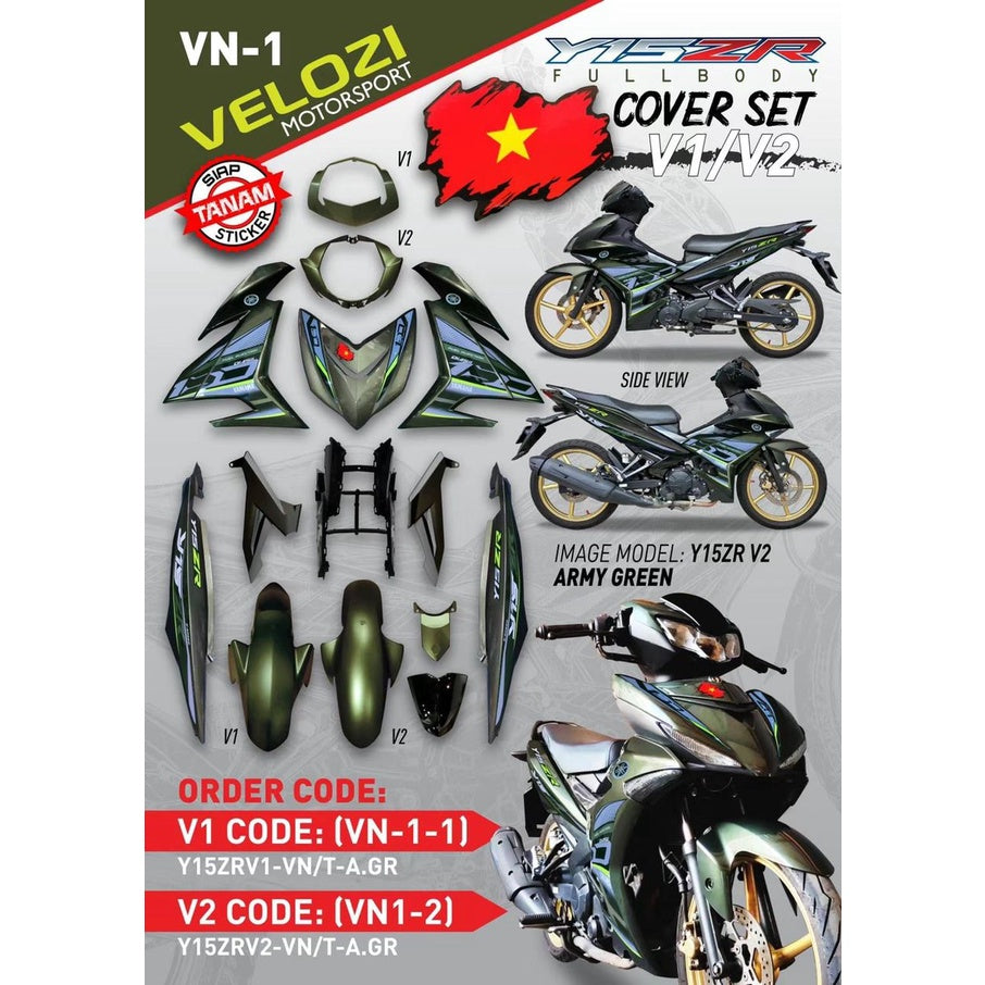 COVERSET YAMAHA Y15 YSUKU Y15ZR V1 V2 VIETNAM VERSION VN1 ARMY GREEN TANAM CLEAR ORIGINAL VELOZI