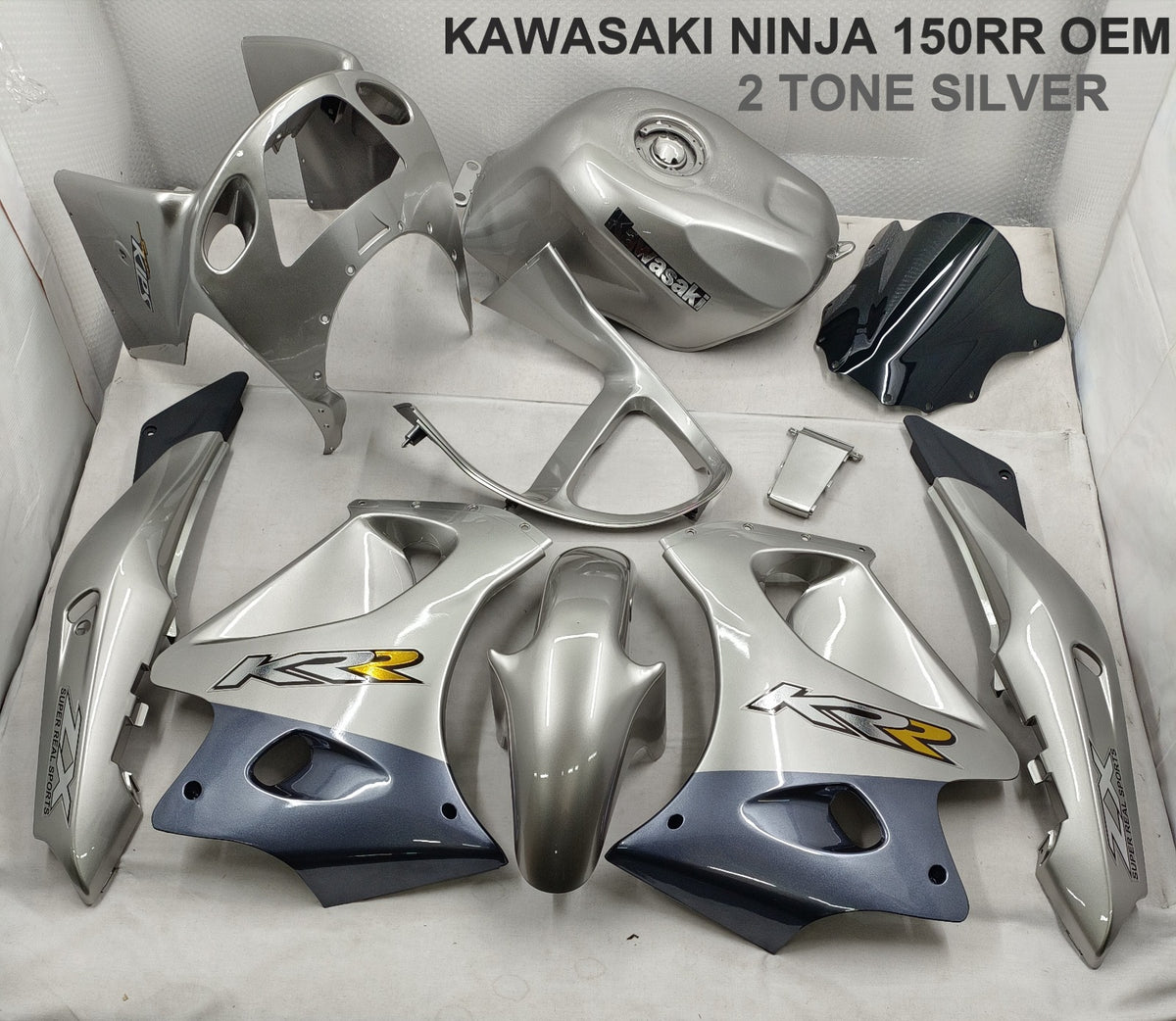 KAWASAKI NINJA DOUBLE R KR 150 RR BODY COVERSET, CLEAR-COATED STICKERS, 2-TONE RED, INCLUDING TANK (2 LARGE BOXES), OEM SET