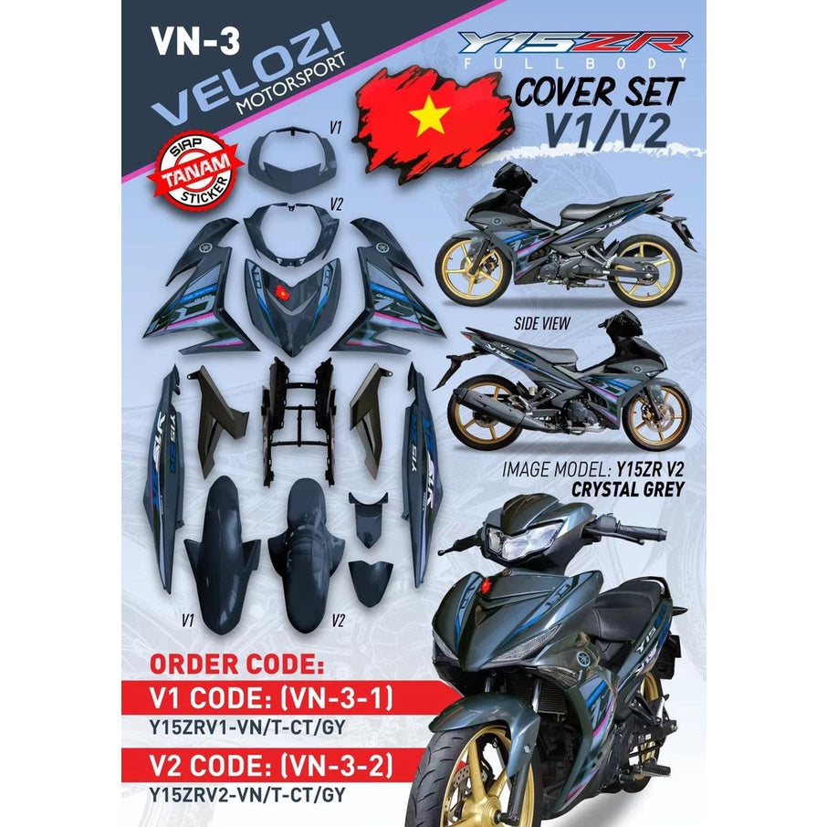 COVERSET YAMAHA Y15 YSUKU Y15ZR V1 V2 VIETNAM VERSION VN3 CRYSTAL GREY TANAM CLEAR ORIGINAL VELOZI