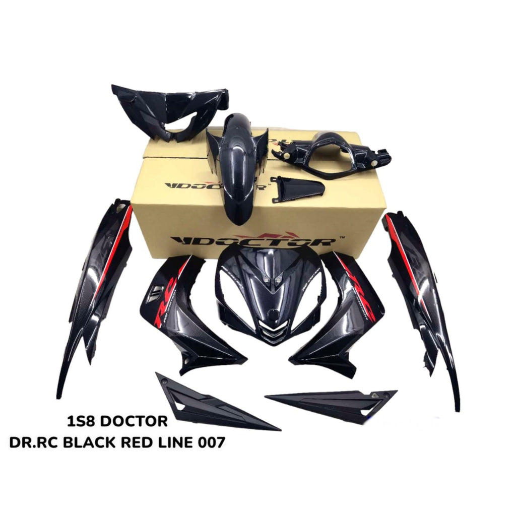 COVERSET BODYSET YAMAHA LC LC135 V1 DR RC HITAM BLACK LINE RED STRIPE TANAM CODE 007 DOCTOR EDITION OEM