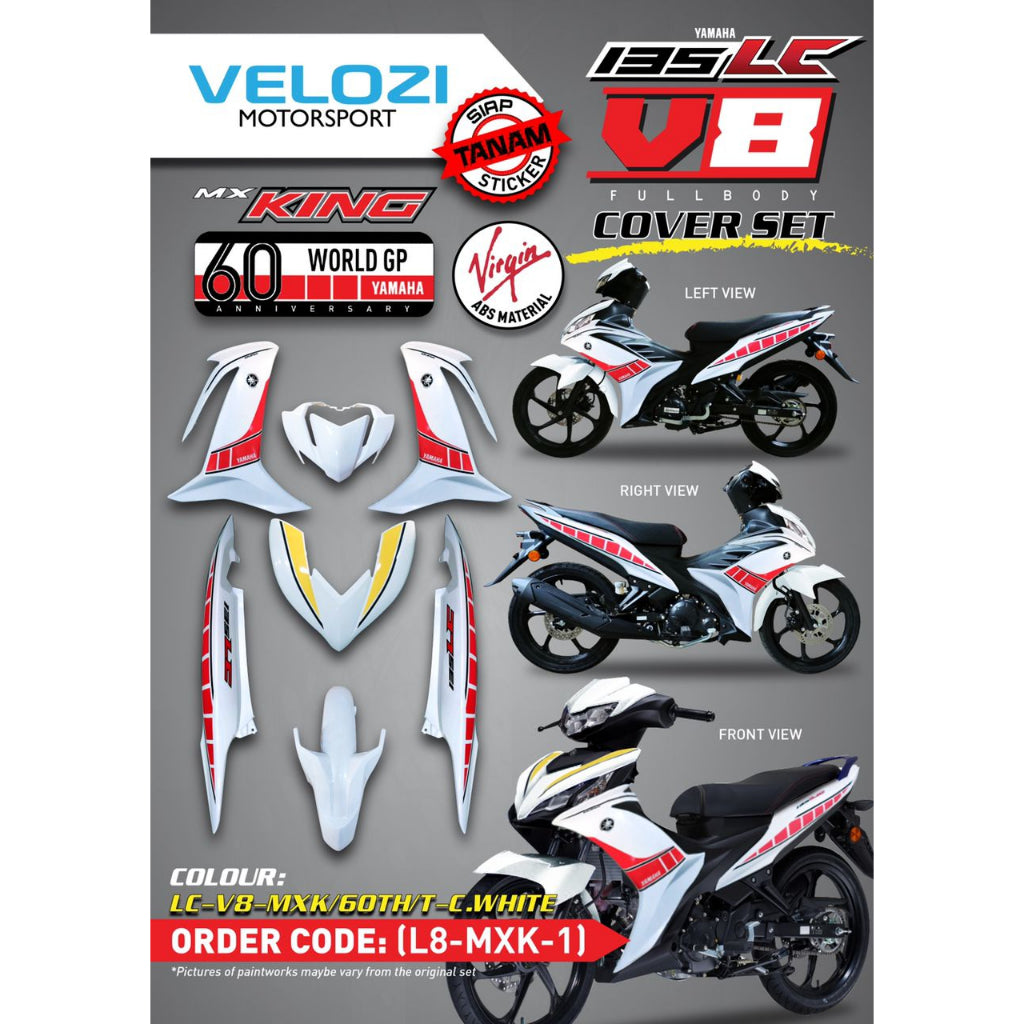 MOTORCYCLE COVERSET LC135 LC V8 MX KING ANNIVERSARY 60TH CRYSTAL WHITE FUEL INJECTION FI YAMAHA SIAP TANAM VELOZI
