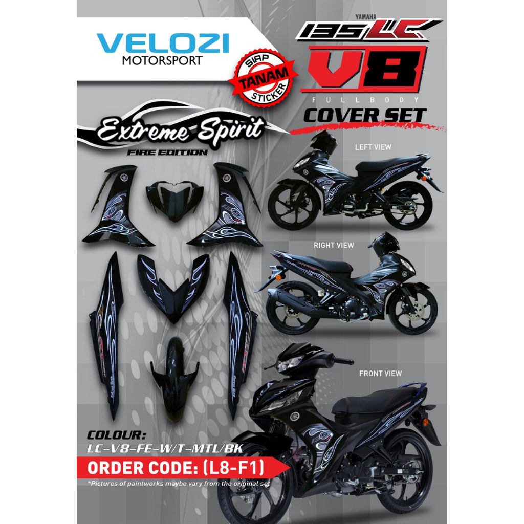 COVERSET BODYSET LC135 LC V8 EXTREME SPIRIT FIRE EDITION MATELIC BLACK FUEL INJECTION FI YAMAHA SIAP TANAM VELOZI L8-F1