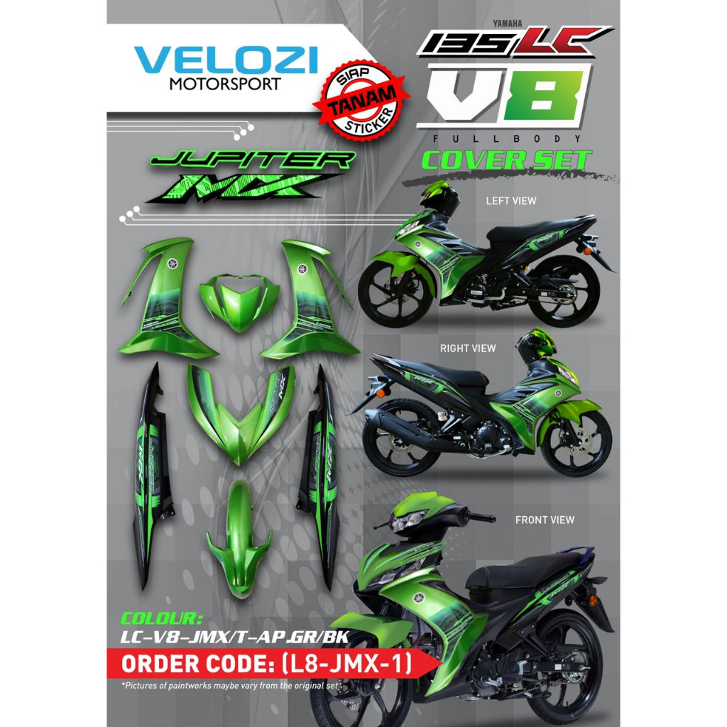 MOTORCYCLE COVERSET BODYSET LC135 LC V8 JUPITER MX APPLE GREEN BLACK FUEL INJECTION FI YAMAHA SIAP TANAM VELOZI