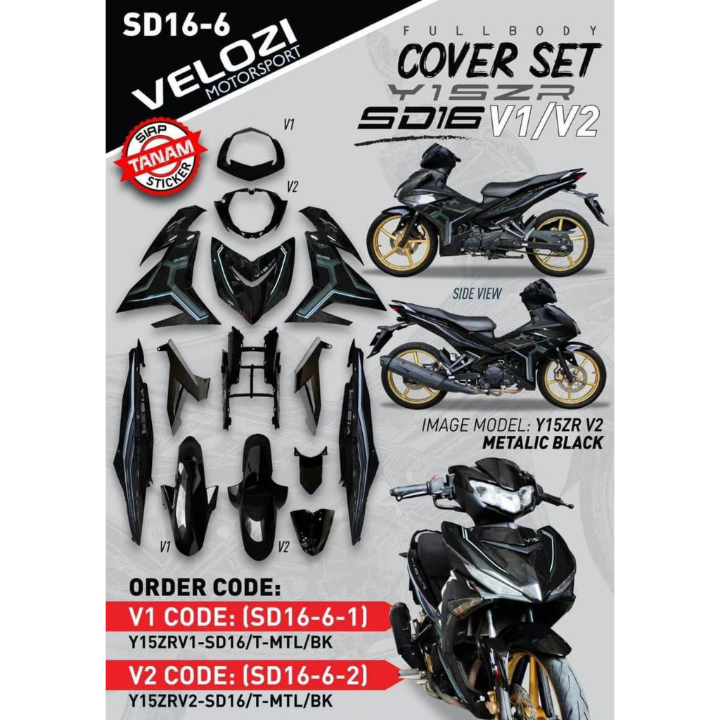 COVERSET Y15ZR V1 V2 METALIC BLACK HITAM SD16 PATTERN LINE PREMIUM COVERSET BODYSET Y15ZR Y15 YSUKU VELOZI TANAM SD16-6