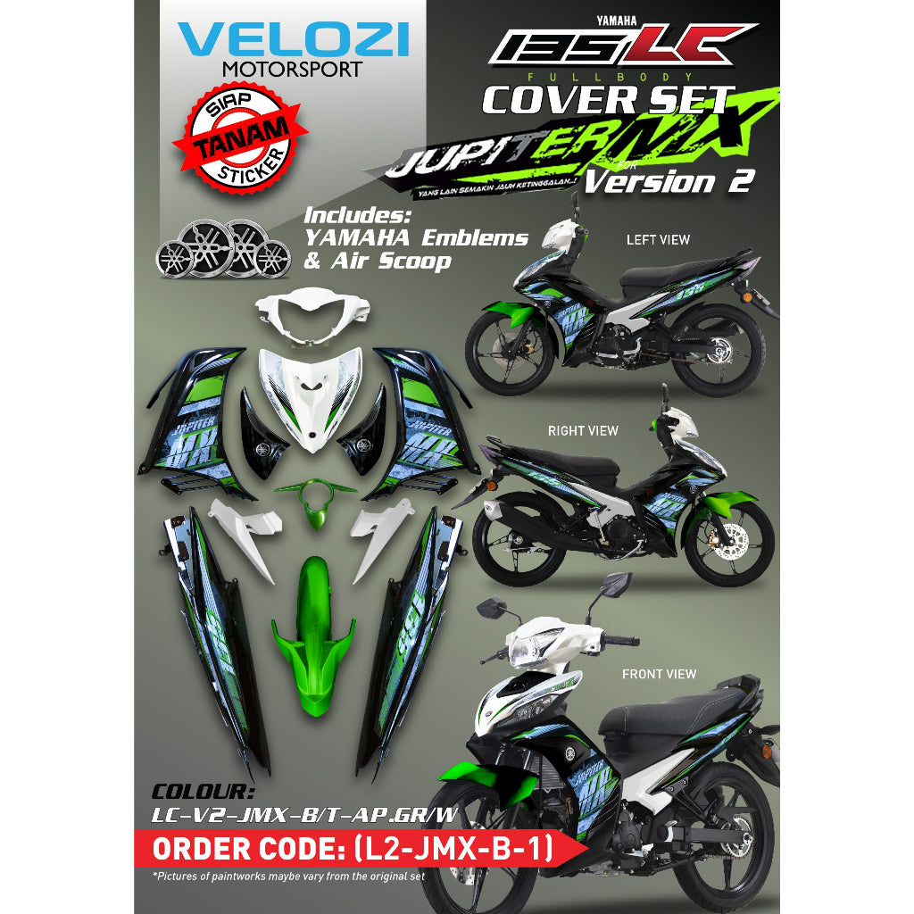 COVERSET YAMAHA LC LC135 V2 JUPITER MX APPLE GREEN WHITE L2-JMX-B-1 BODYSET SIAP TANAM VELOZI WITH COVER METER