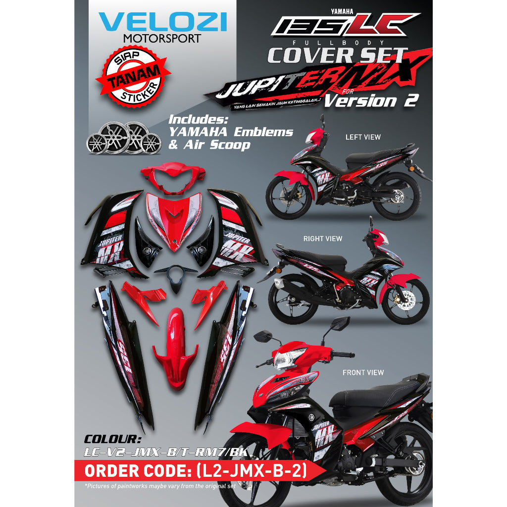 COVERSET YAMAHA LC LC135 V2 JUPITER MX RM7 BLACK MERAH HITAM L2-JMX-B-2 BODYSET SIAP TANAM VELOZI WITH COVER METER
