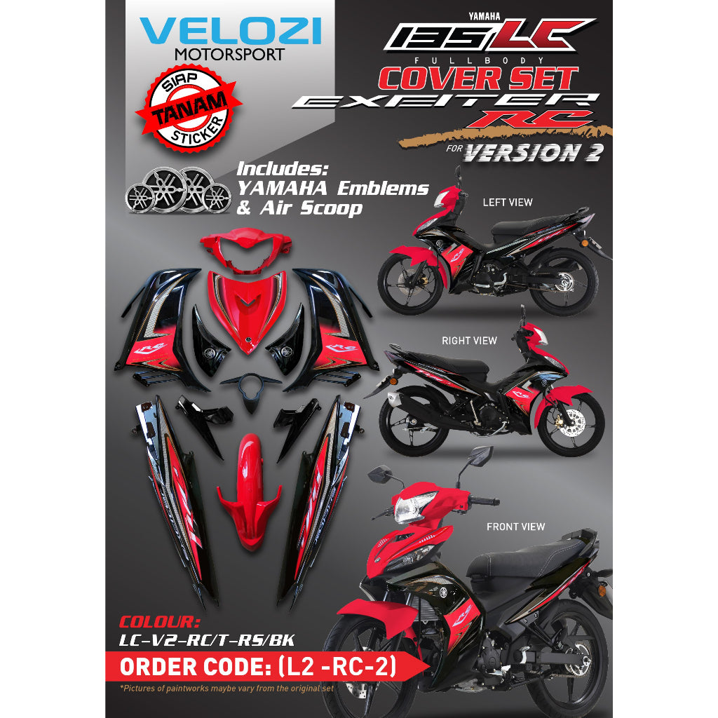 COVERSET YAMAHA LC LC135 V2 EXCITER RC RED BLACK MERAH HITAM L2-RC-2 BODYSET SIAP TANAM VELOZI WITH COVER METER