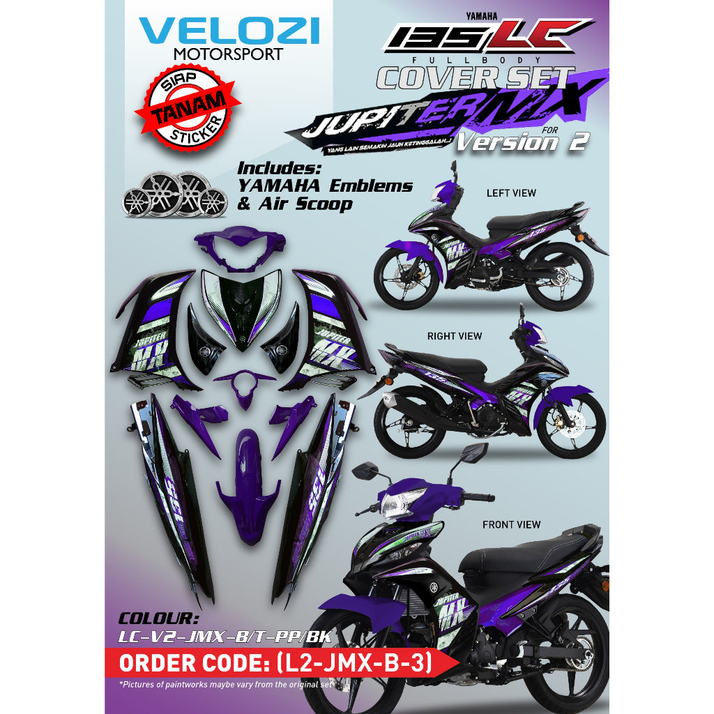 COVERSET YAMAHA LC LC135 V2 JUPITER MX PURPLE BLACK L2-JMX-B-3 BODYSET SIAP TANAM VELOZI WITH COVER METER