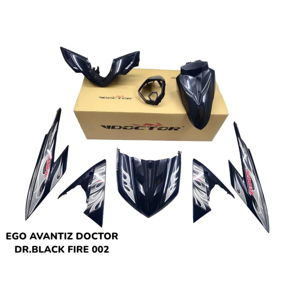 COVERSET BODYSET EGO AVANTIZ YAMAHA STICKER SIAP TANAM FIRE API BLACK HITAM 002 DOCTOR FULLSET
